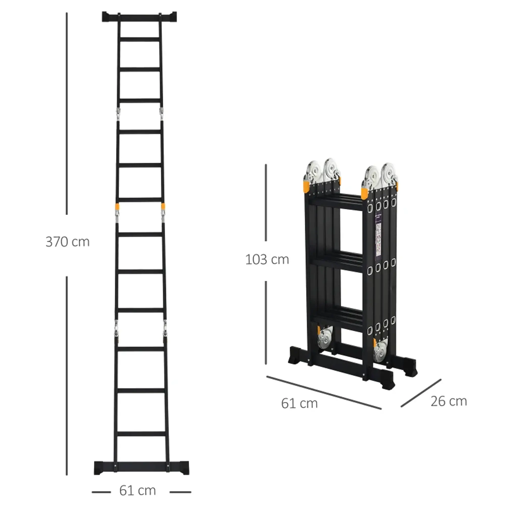 Escada multiuso dobrável 5 em 1 com 2 placas de alumínio 70x61x11 cm Preto 13