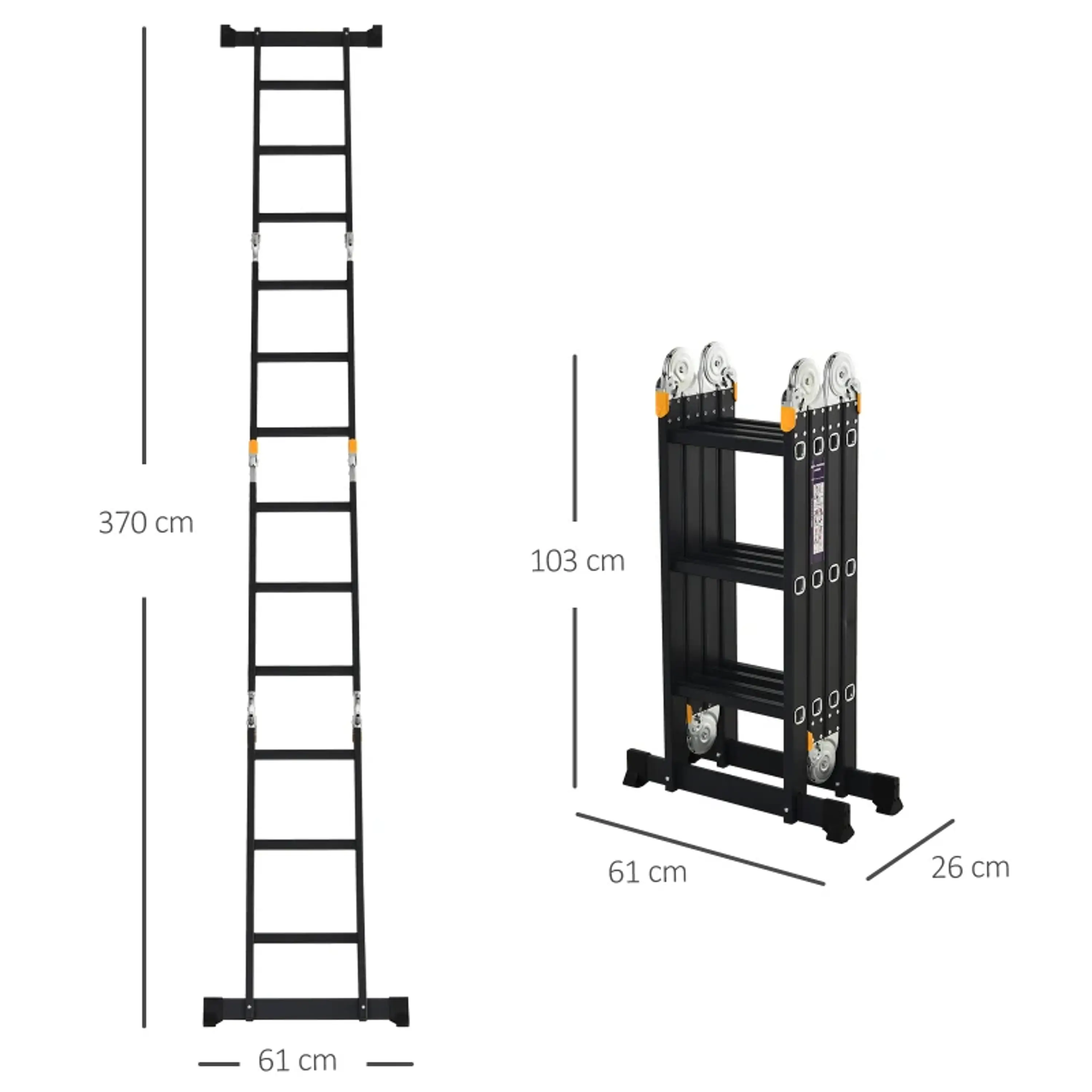 Escada multiuso dobrável 5 em 1 com 2 placas de alumínio 70x61x11 cm Preto 13