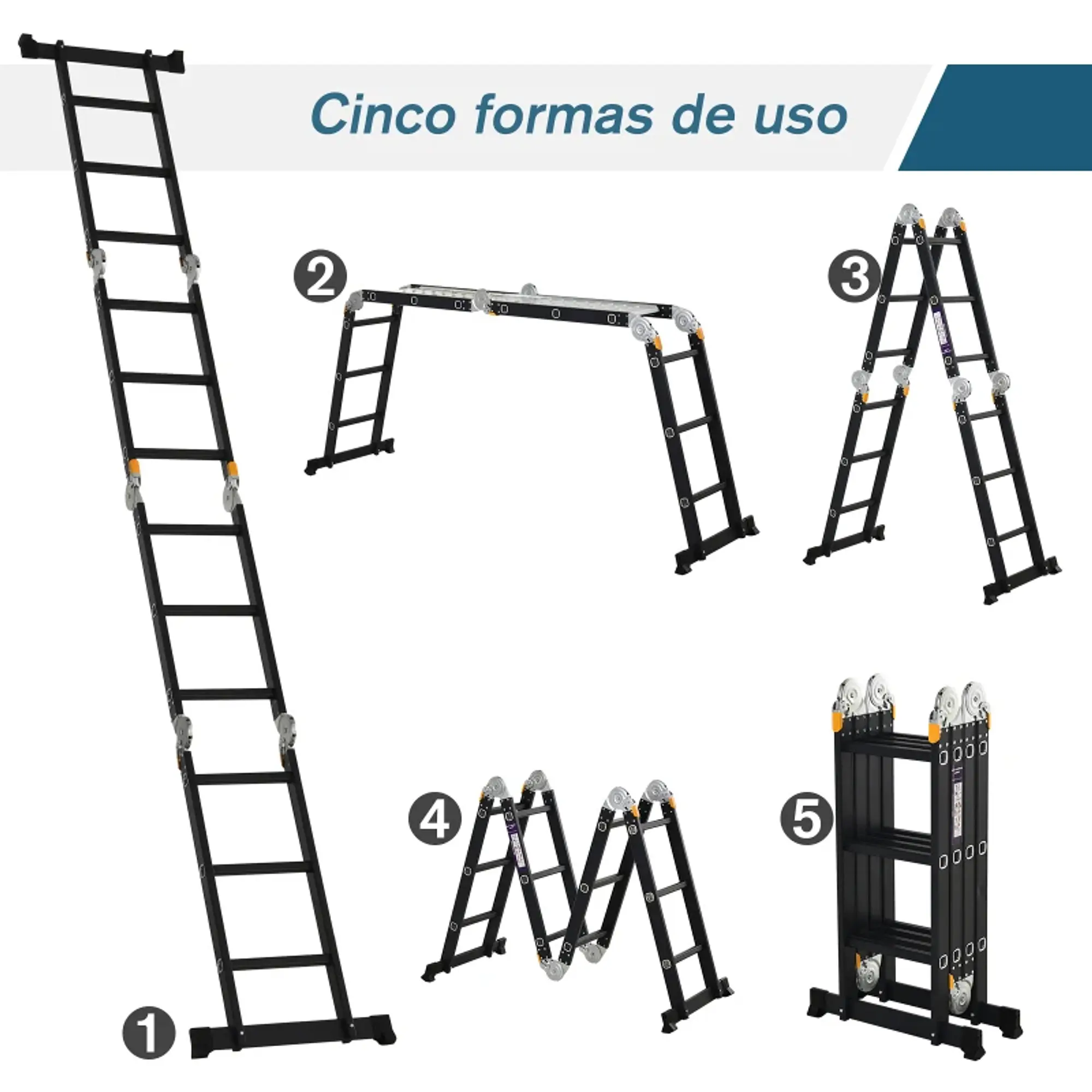 Escada multiuso dobrável 5 em 1 com 2 placas de alumínio 70x61x11 cm Preto 2