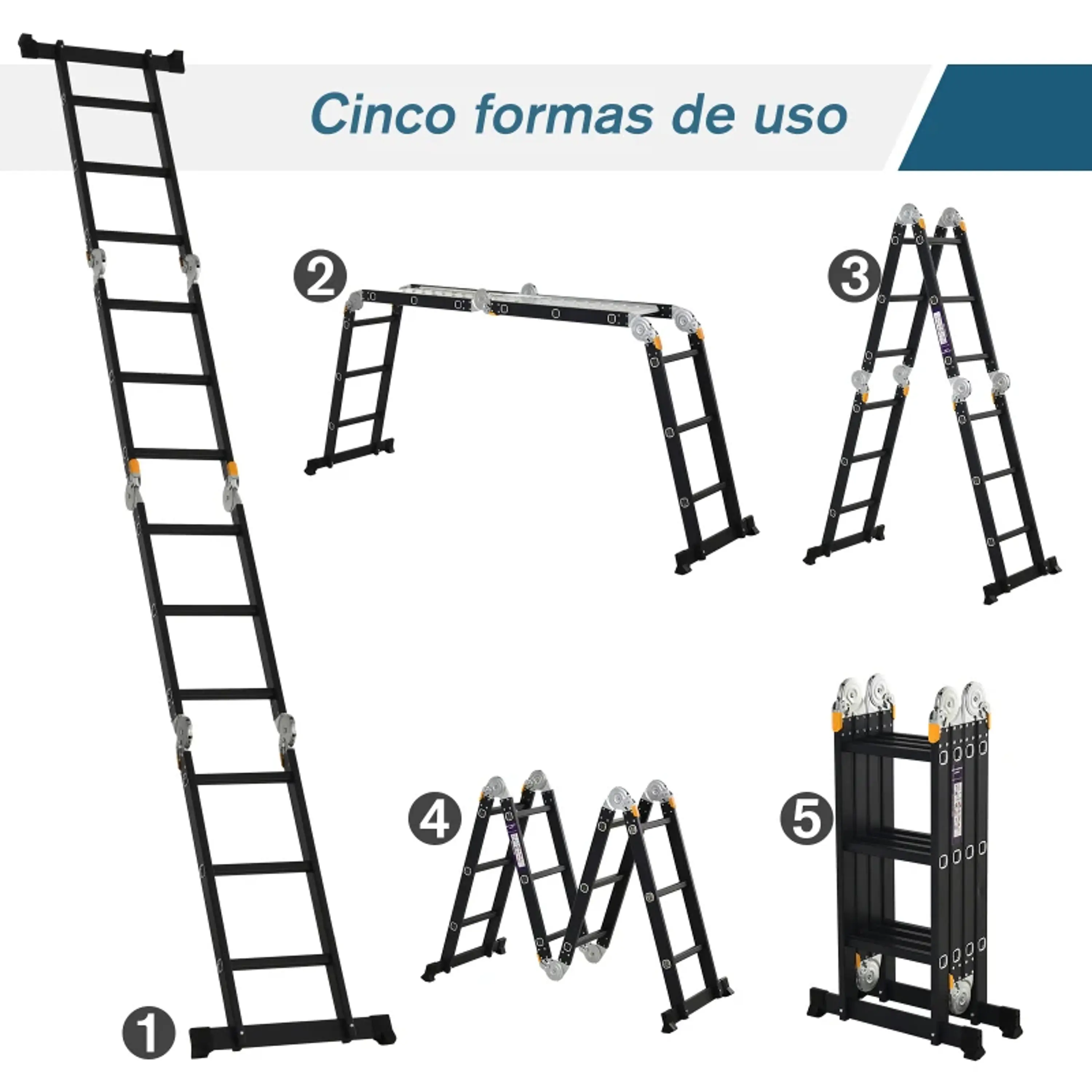 Escada multiuso dobrável 5 em 1 com 2 placas de alumínio 70x61x11 cm Preto 2