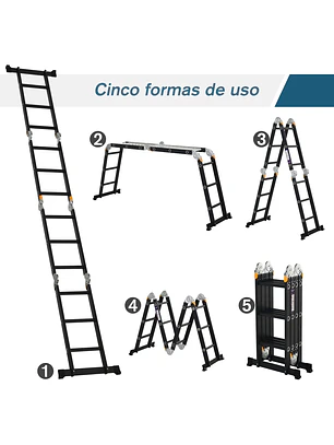 Escada multiuso dobrável 5 em 1 com 2 placas de alumínio 70x61x11 cm Preto
