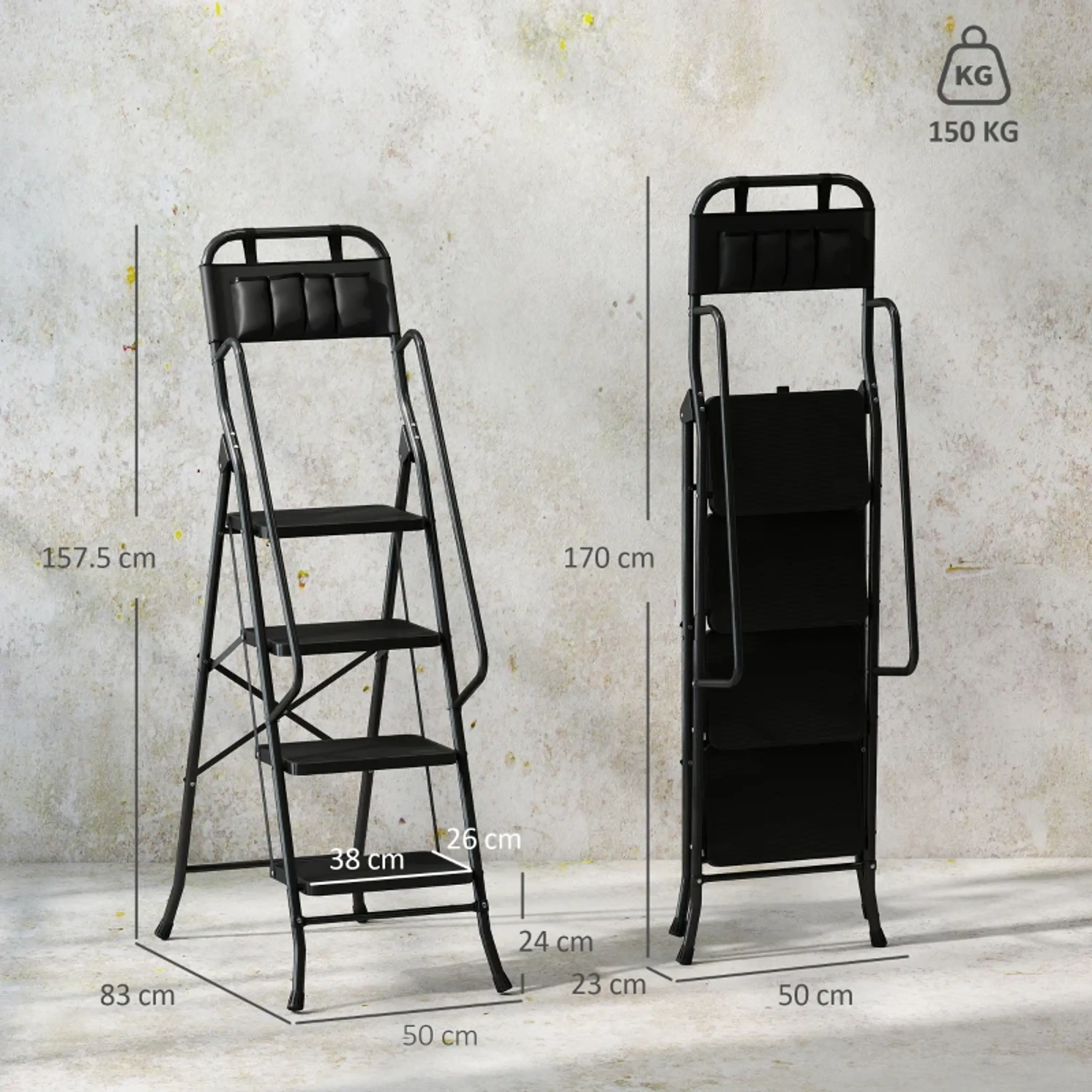 Escada Dobrável com 4 Degraus  50x83x157,5 cm Preto 3