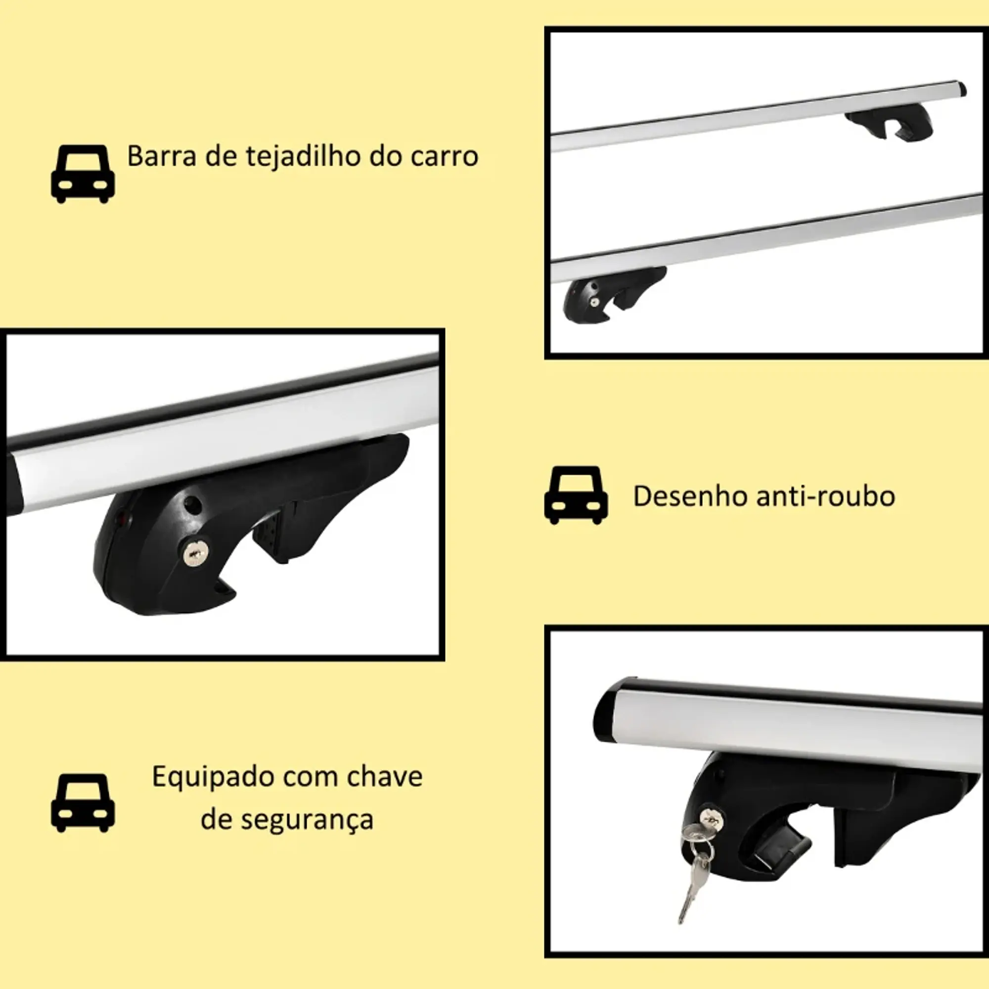 Barras de Tejadilho Universal para Carros Carris de Tejadilho com 123,5cm Trilho de Alumínio e Chave Carga 75kg Prata 5
