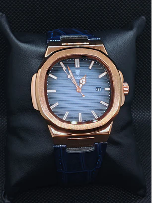 Relógio Quartz Masculino em Aço Inóxidável e Couro- Ouro Azul