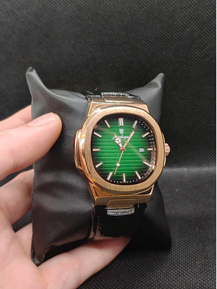Relógio Quartz Masculino em Aço Inóxidável e Couro - Gold Green