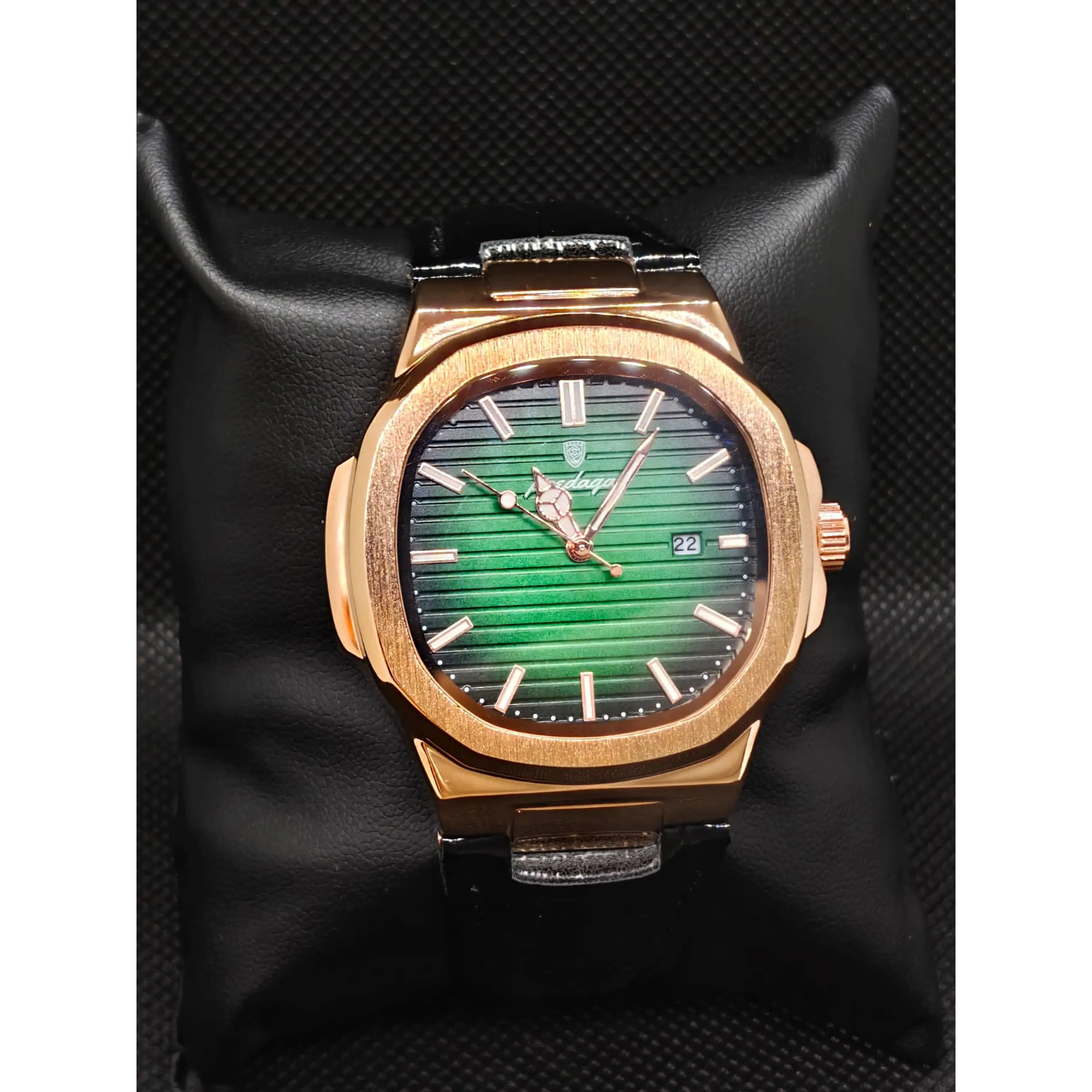 Relógio Quartz Masculino em Aço Inóxidável e Couro - Gold Green 3