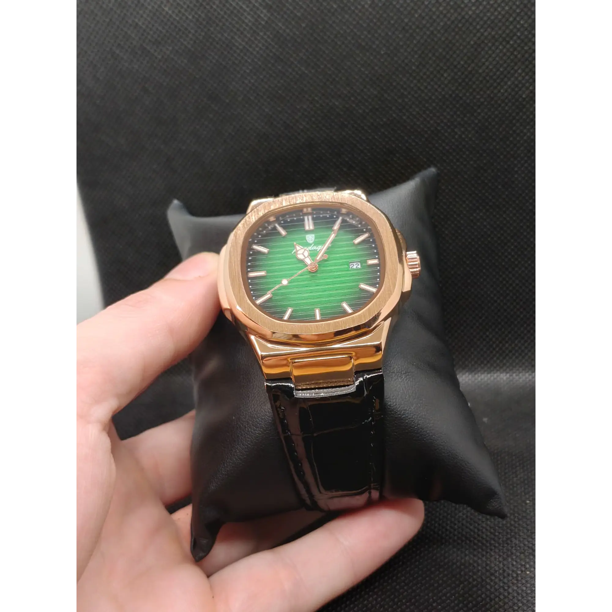 Relógio Quartz Masculino em Aço Inóxidável e Couro - Gold Green 5