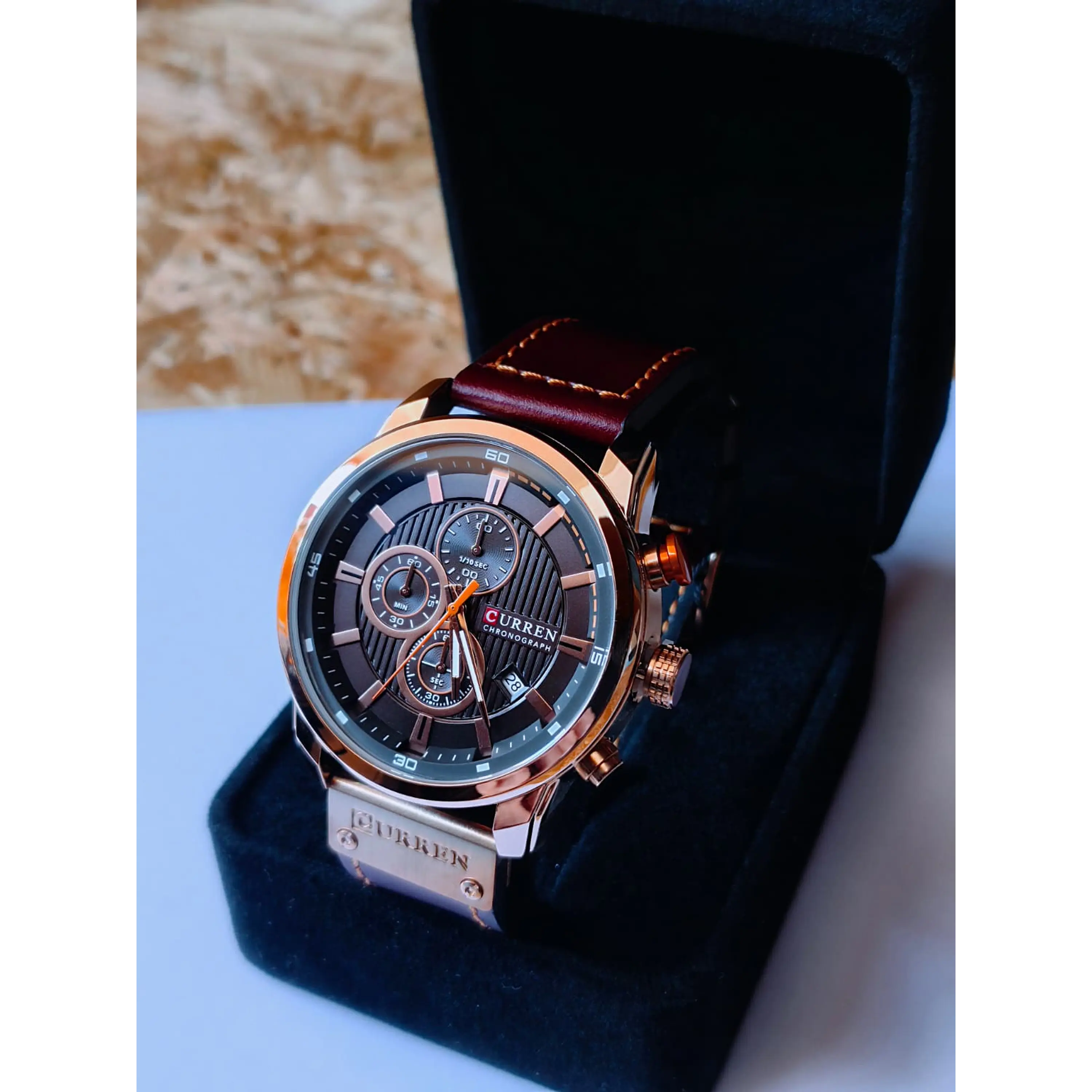 🍂 Relógio Cronómetro Vintage Rosa Gold de Aço e Couro  2