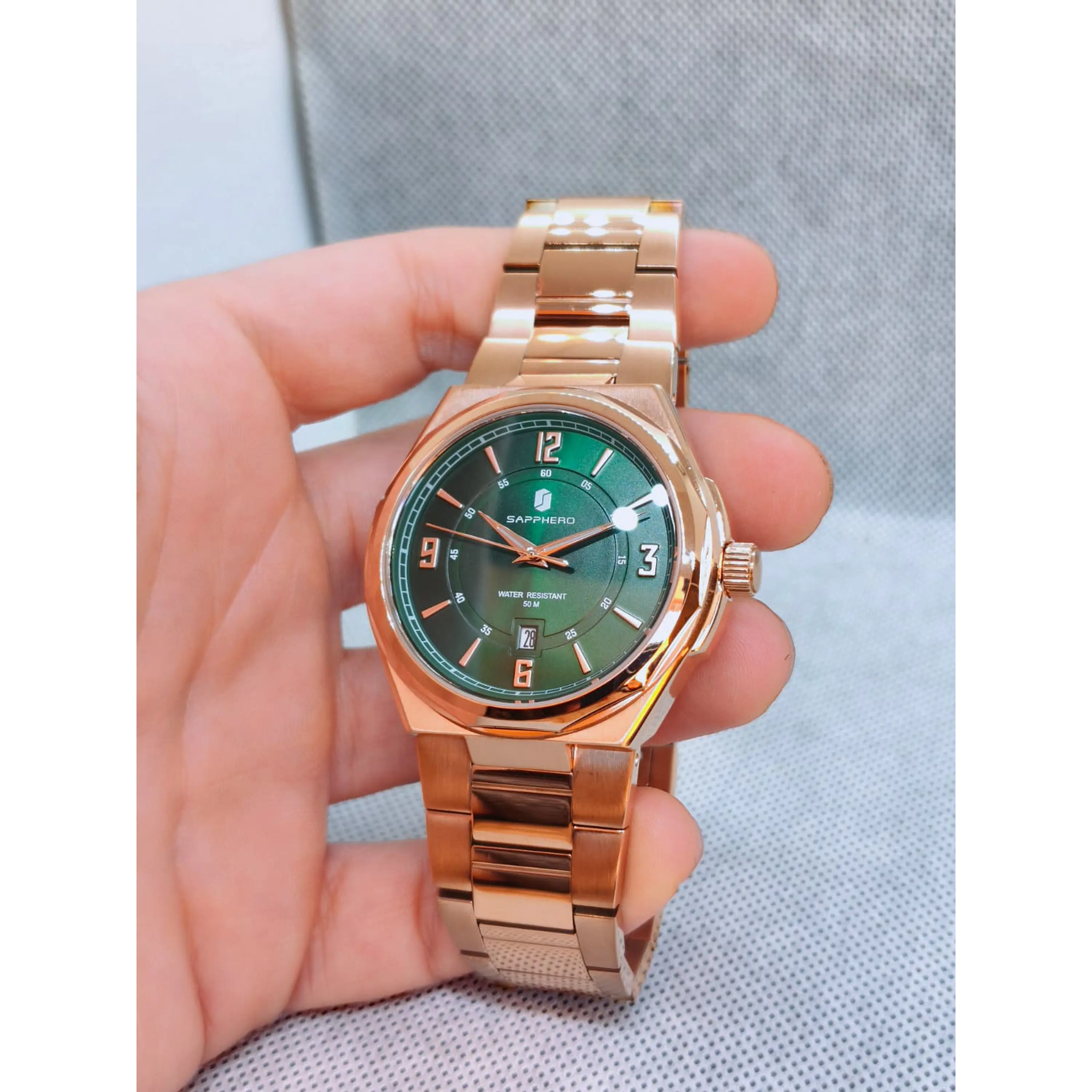 Relógio dourado e verde em aço inoxidável Sapphero - Excelente condição. 6