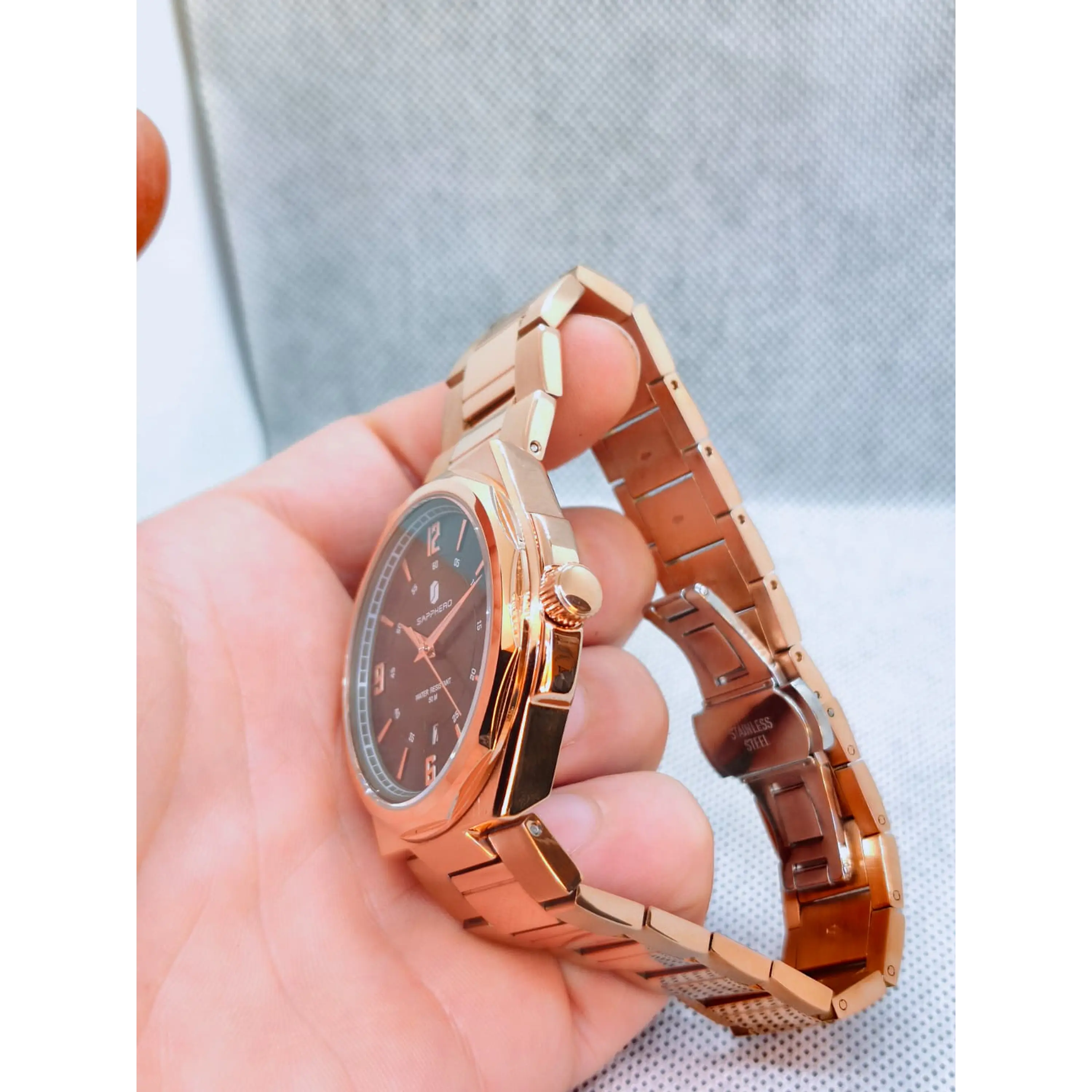 Relógio dourado e verde em aço inoxidável Sapphero - Excelente condição. 7