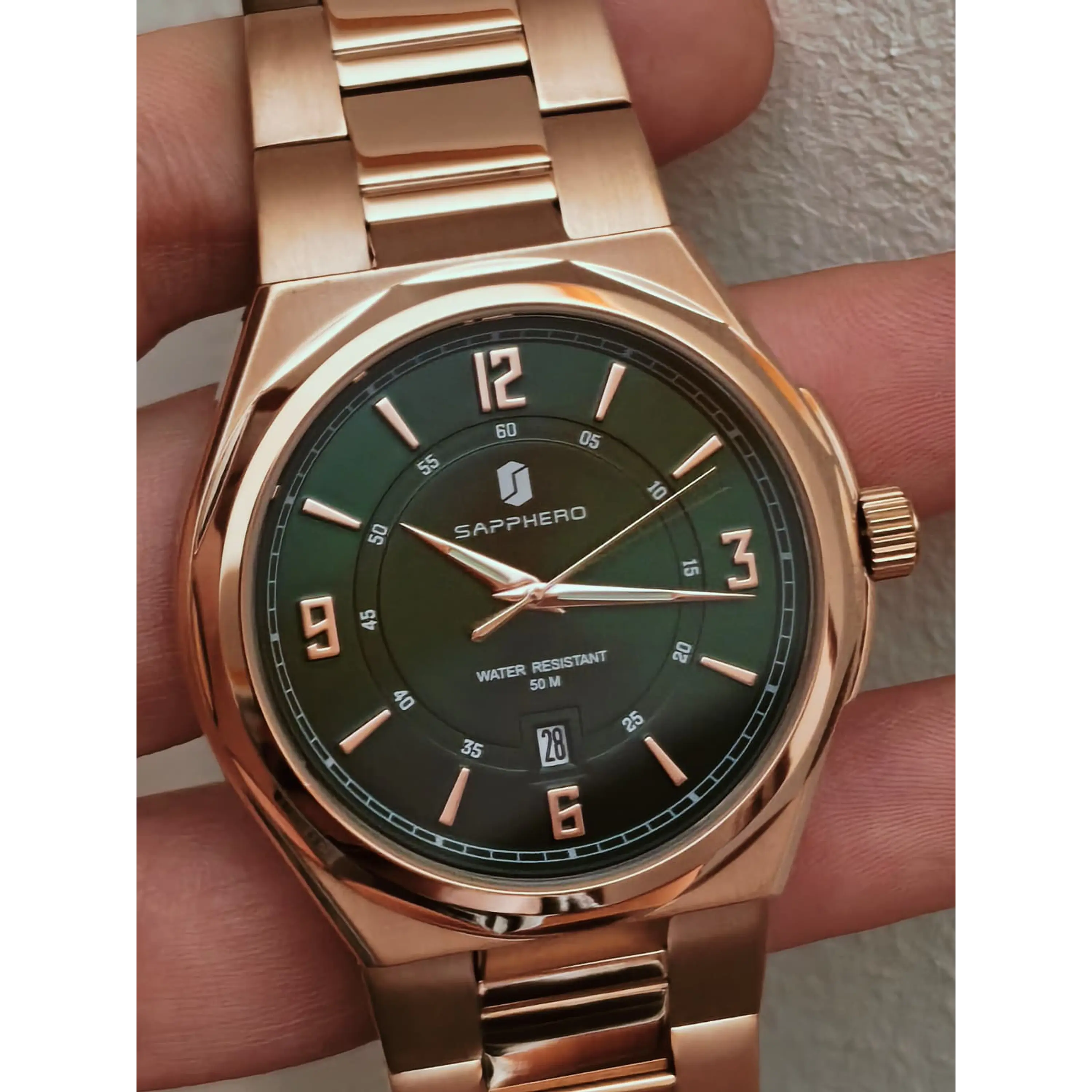 Relógio dourado e verde em aço inoxidável Sapphero - Excelente condição. 12