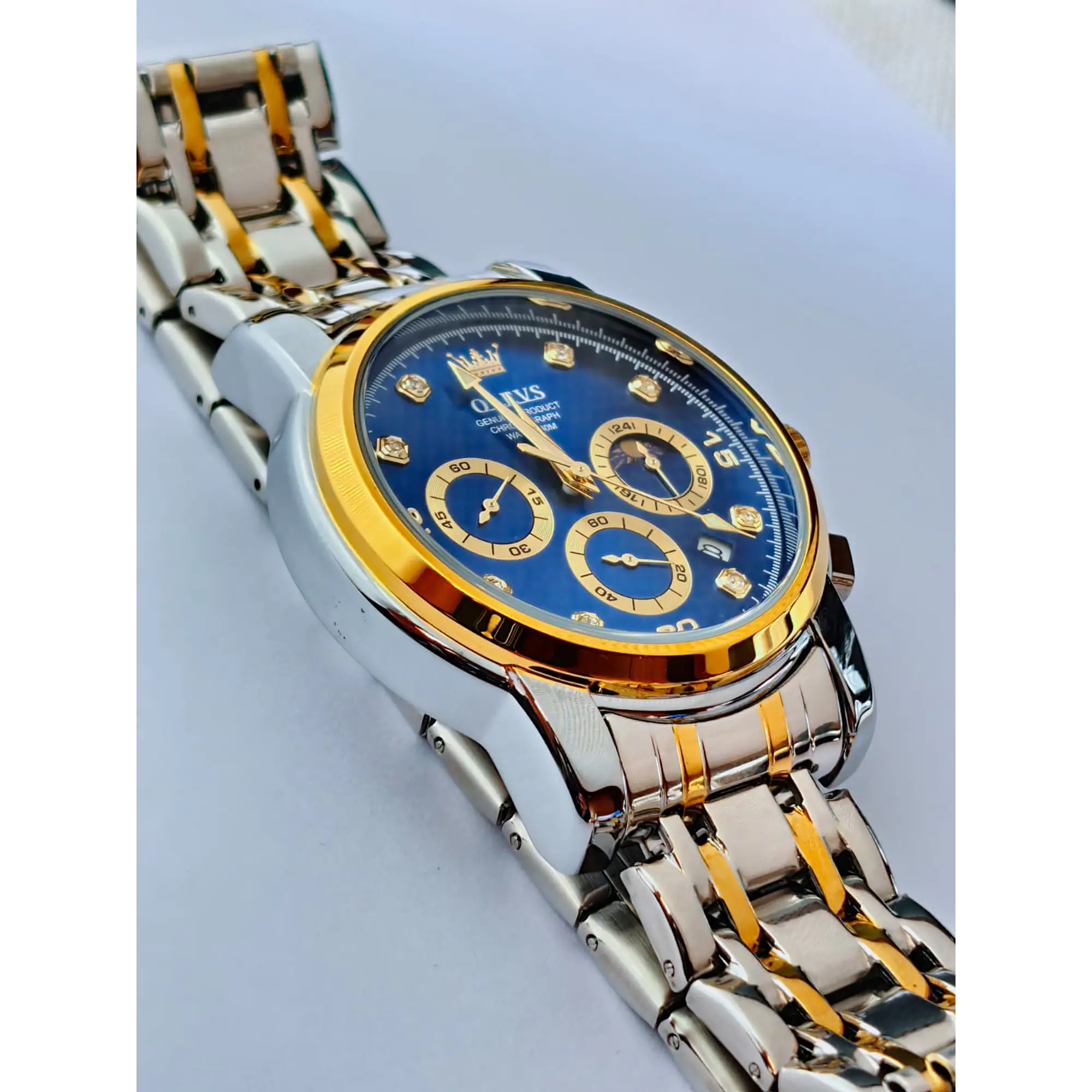 Relógio Cronómentro em aço inox Dourado e Prata, com Azul Marinho. 1