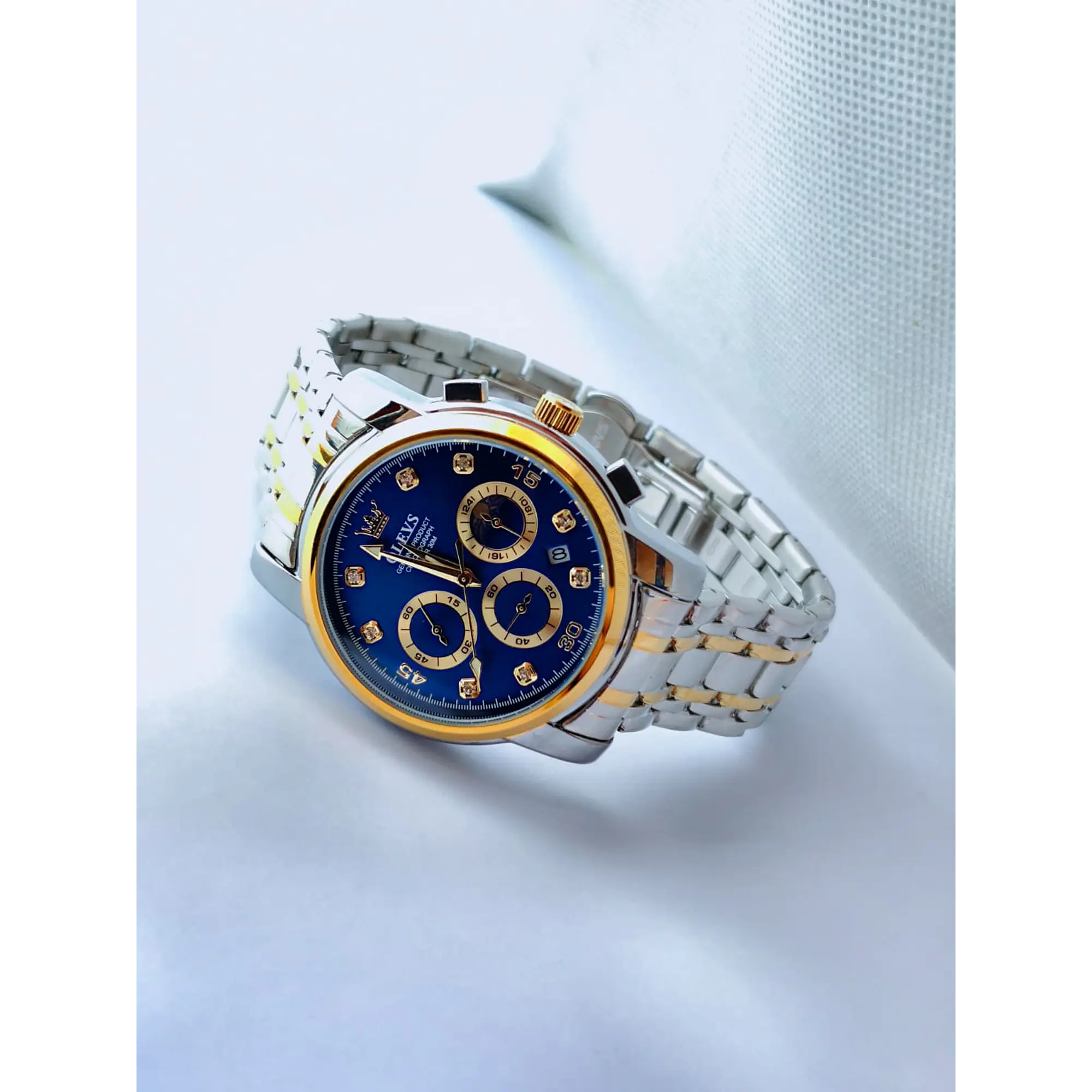 Relógio Cronómentro em aço inox Dourado e Prata, com Azul Marinho. 6