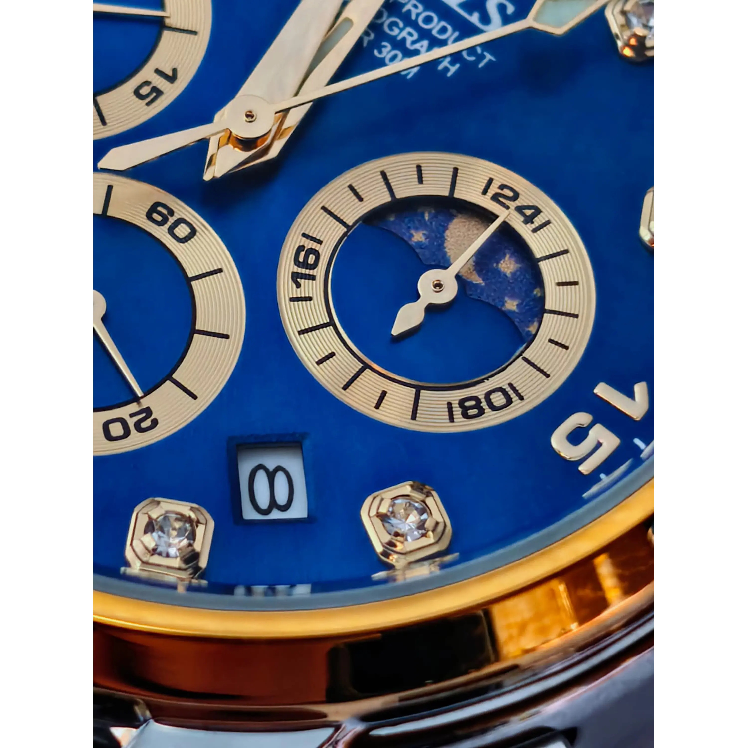 Relógio Cronómentro em aço inox Dourado e Prata, com Azul Marinho. 8