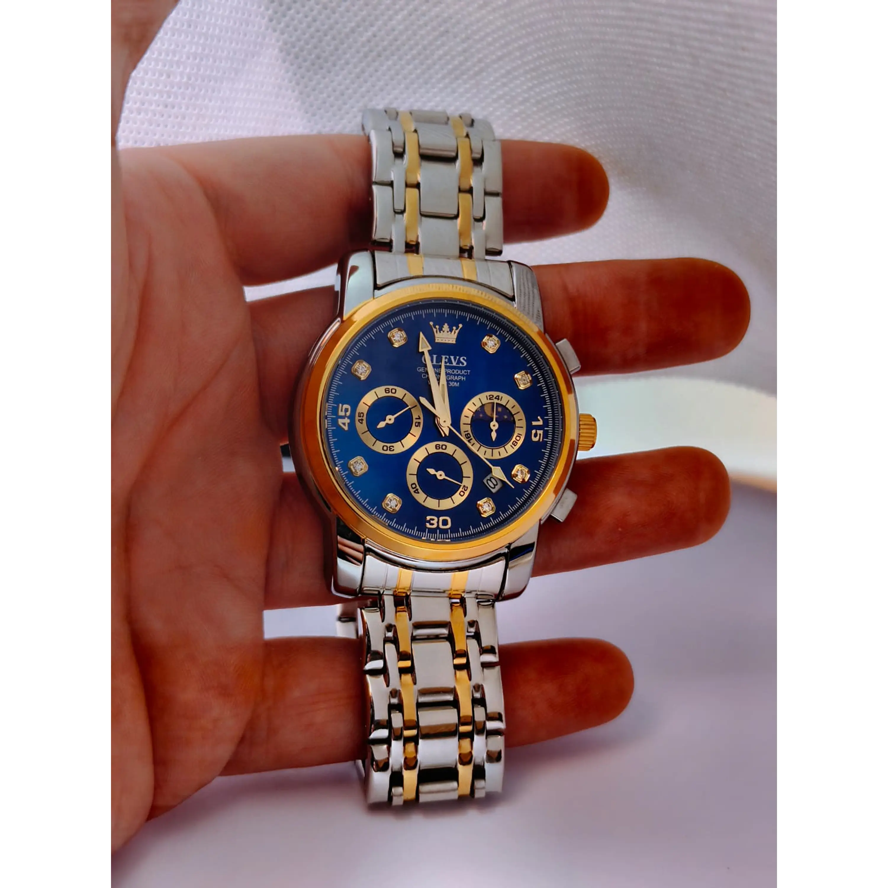 Relógio Cronómentro em aço inox Dourado e Prata, com Azul Marinho. 9
