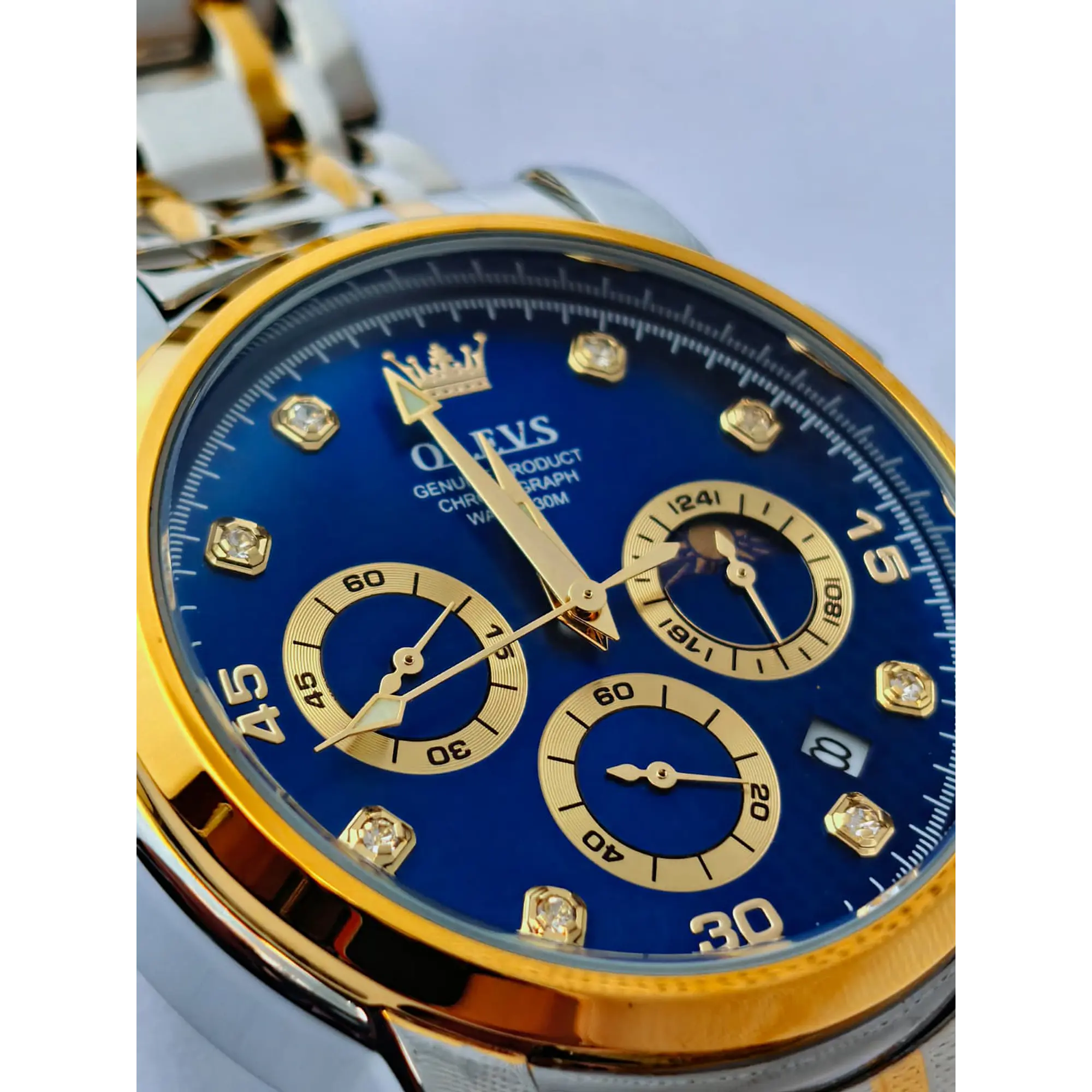 Relógio Cronómentro em aço inox Dourado e Prata, com Azul Marinho. 2