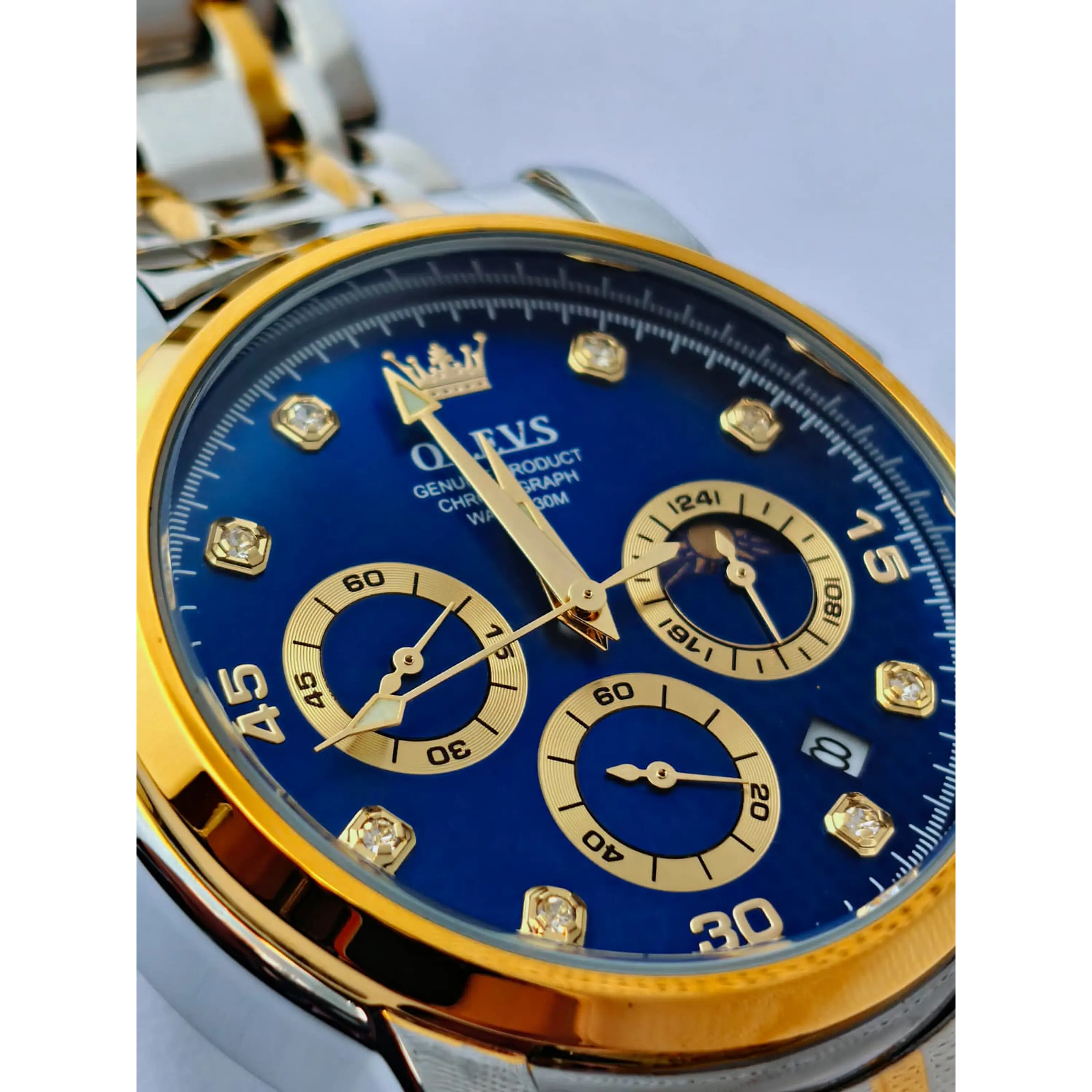 Relógio Cronómentro em aço inox Dourado e Prata, com Azul Marinho. 2