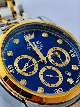 Relógio Cronómentro em aço inox Dourado e Prata, com Azul Marinho.