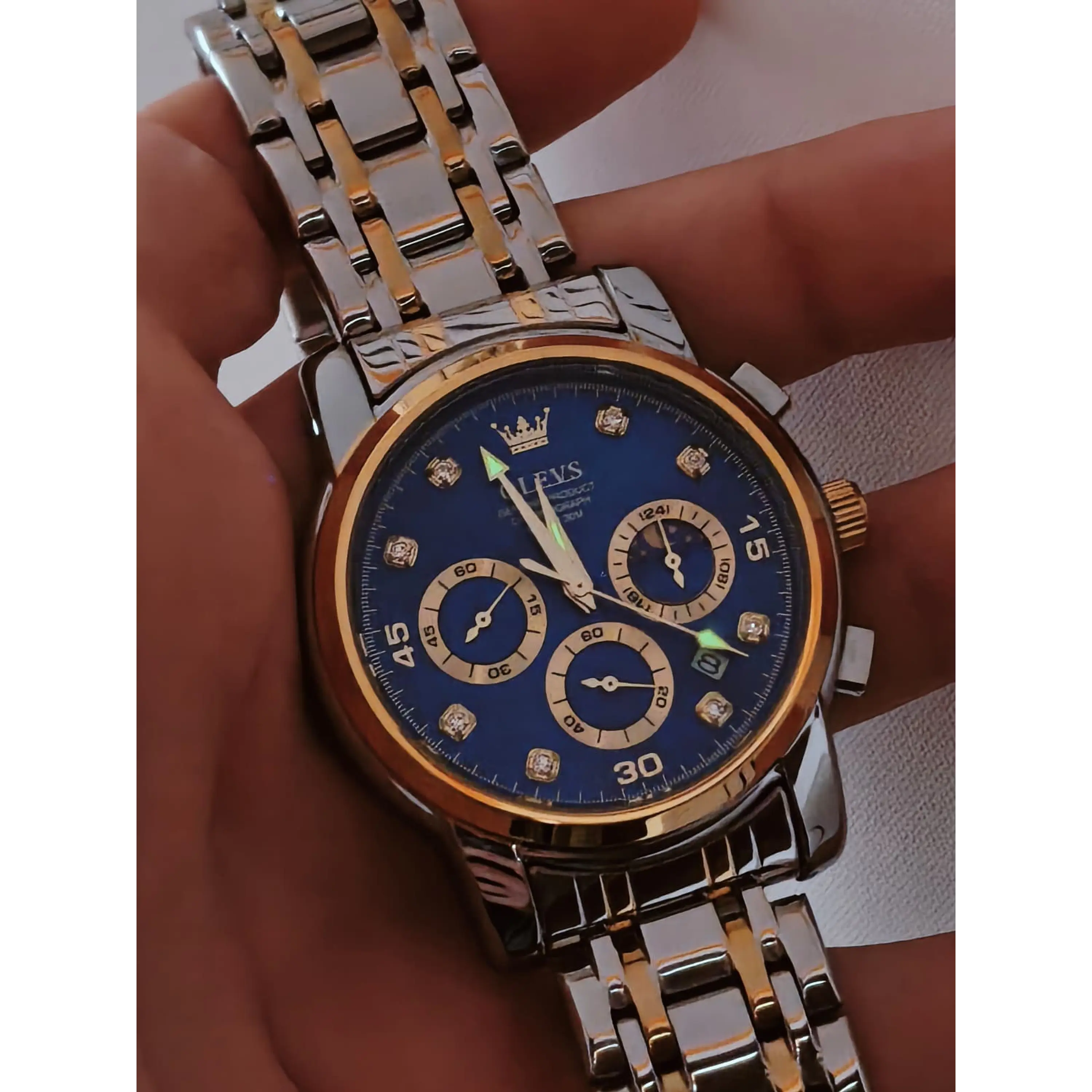 Relógio Cronómentro em aço inox Dourado e Prata, com Azul Marinho. 11