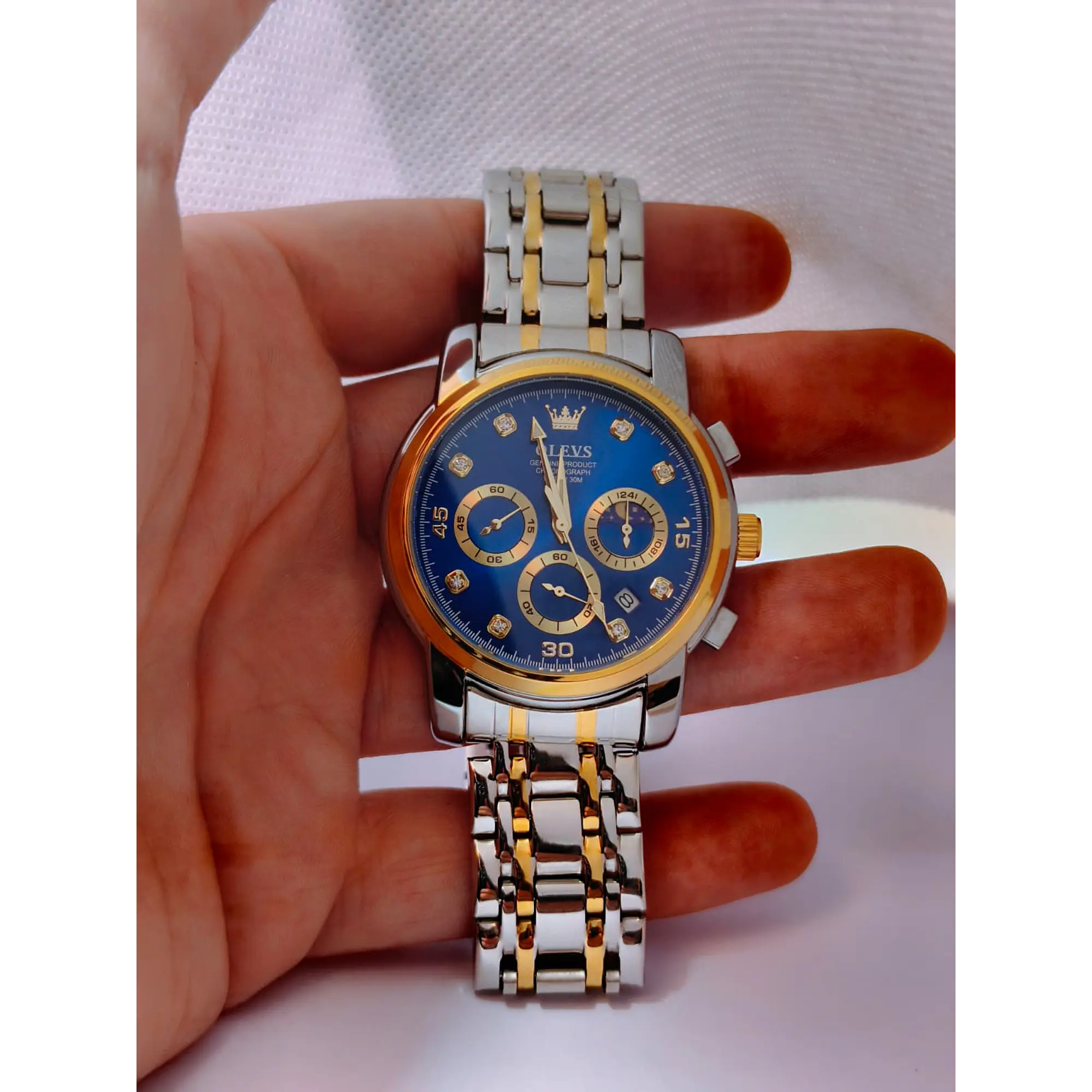 Relógio Cronómentro em aço inox Dourado e Prata, com Azul Marinho. 12