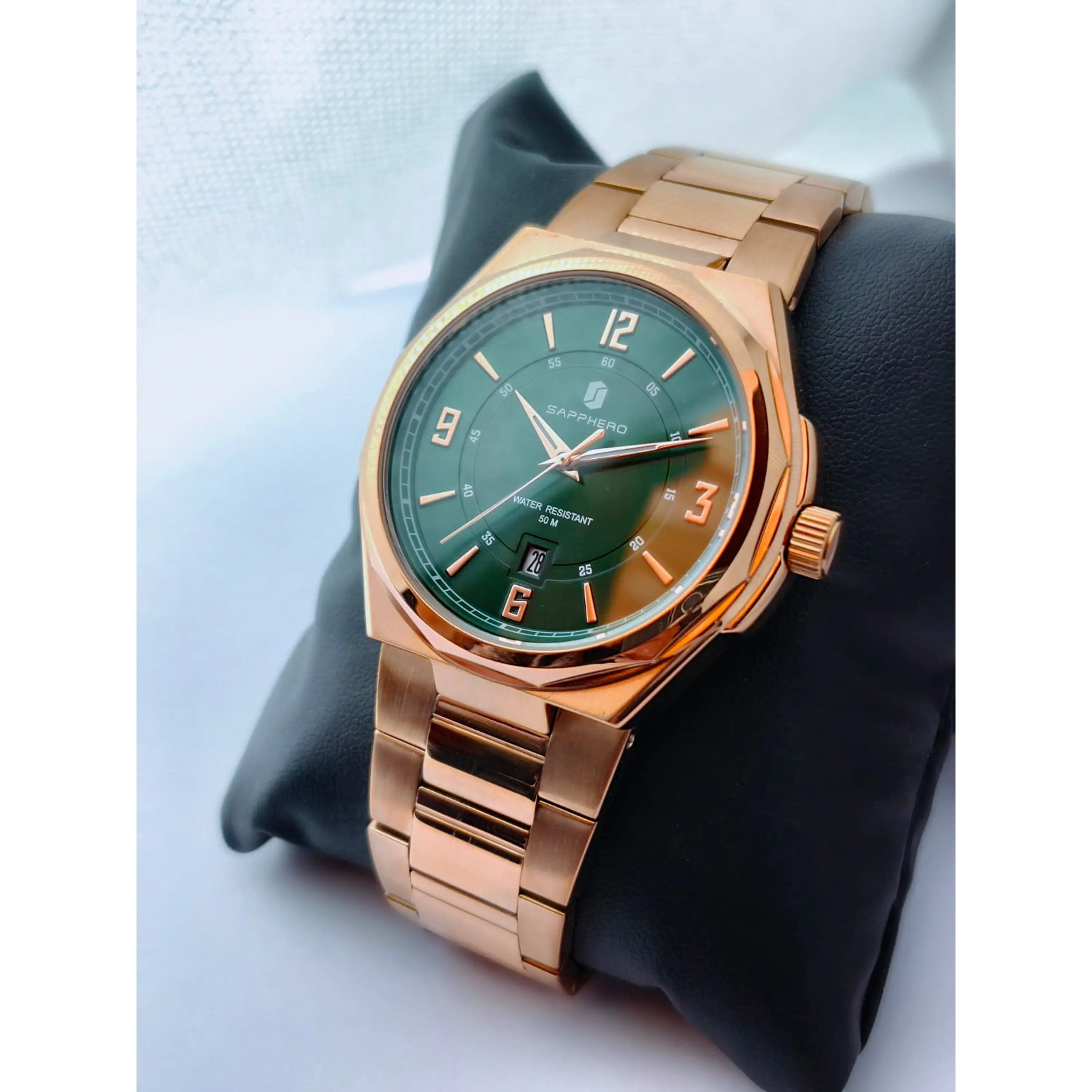 Relógio dourado e verde em aço inoxidável Sapphero - Excelente condição. 19