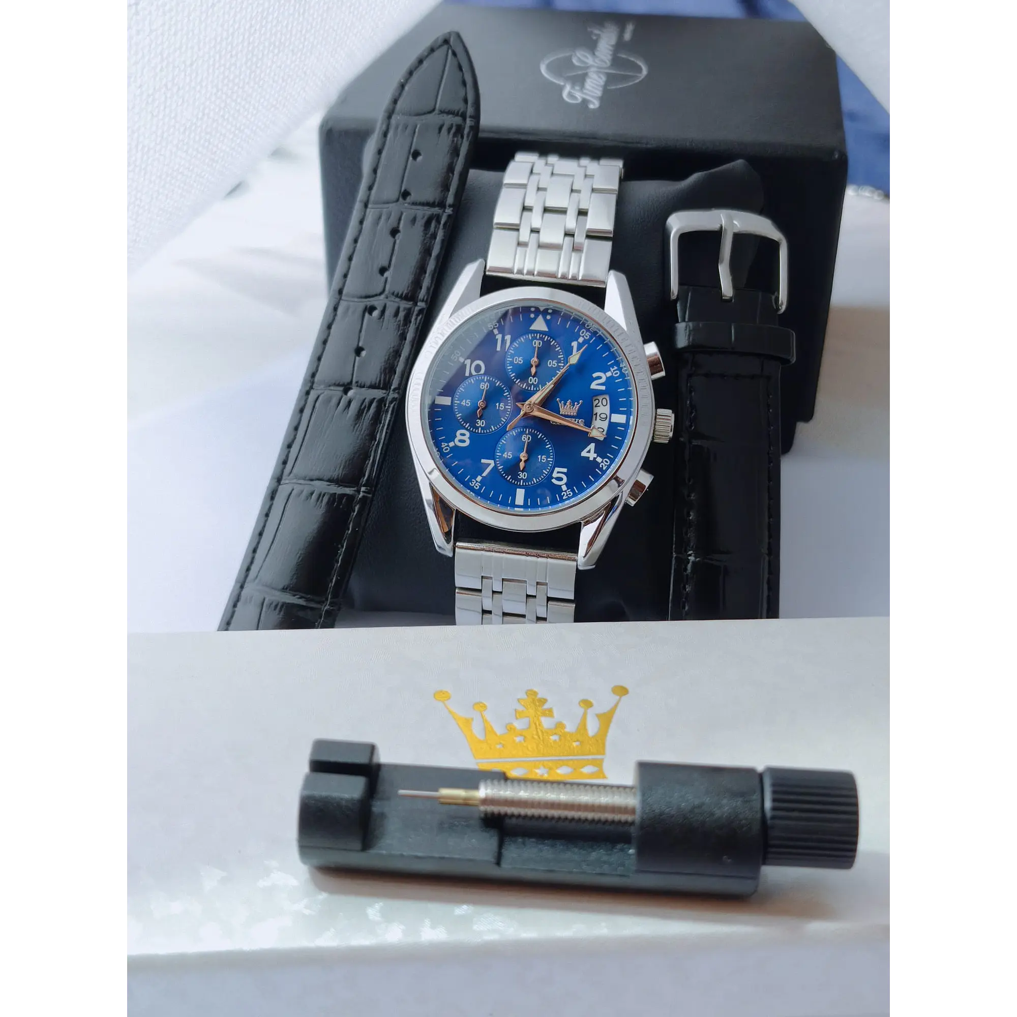 Relógio SIlver Blue QUARTZ com Cronómetro em aço inóxidável. 7