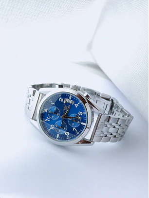 Relógio SIlver Blue QUARTZ com Cronómetro em aço inóxidável.