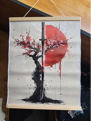 Quadro Em Tela Canvas Estilo Japonês – Katana e Flor de Cerejeira com Suporte de Madeira