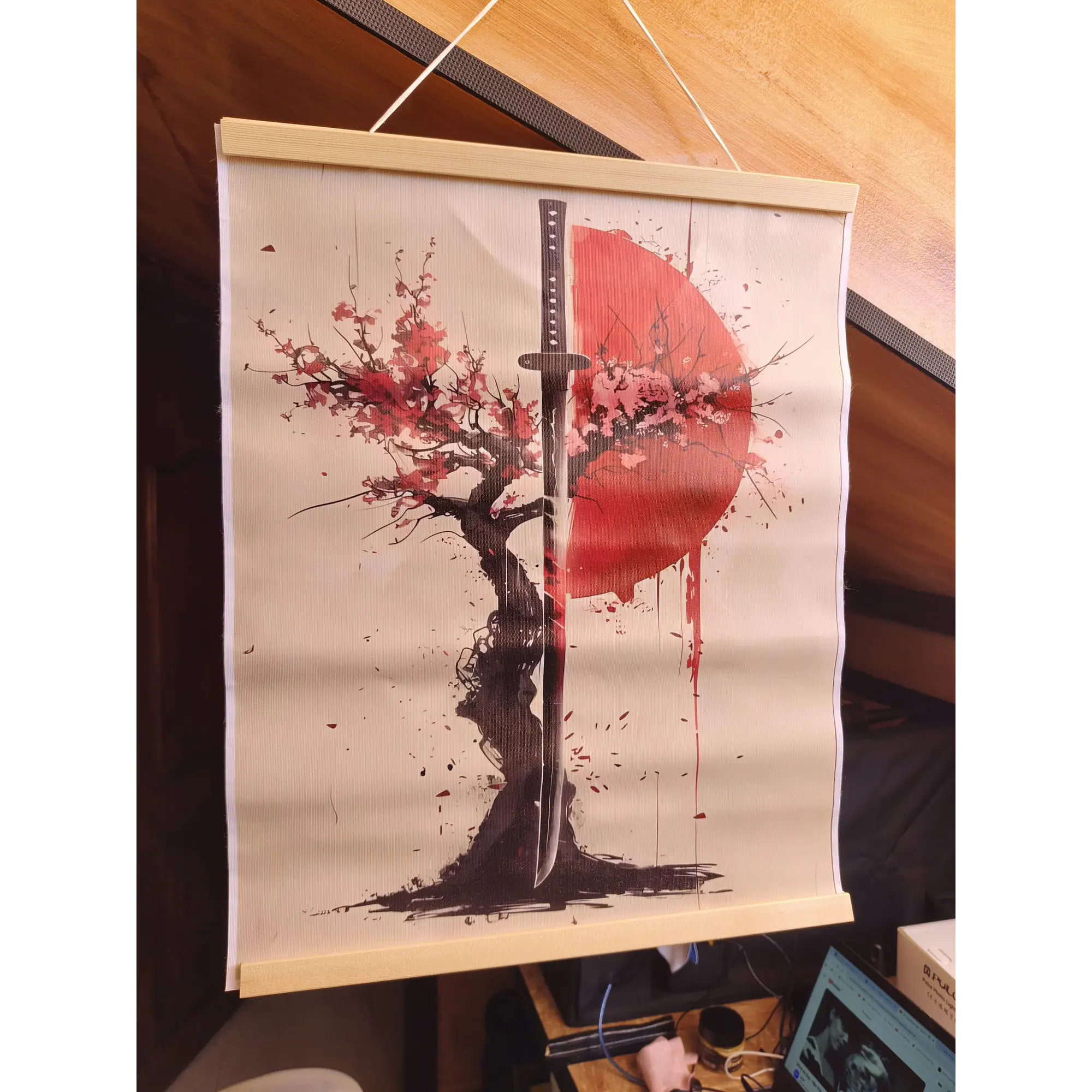 Impression sur toile de style japonais – Katana et fleurs de cerisier avec support en bois 8