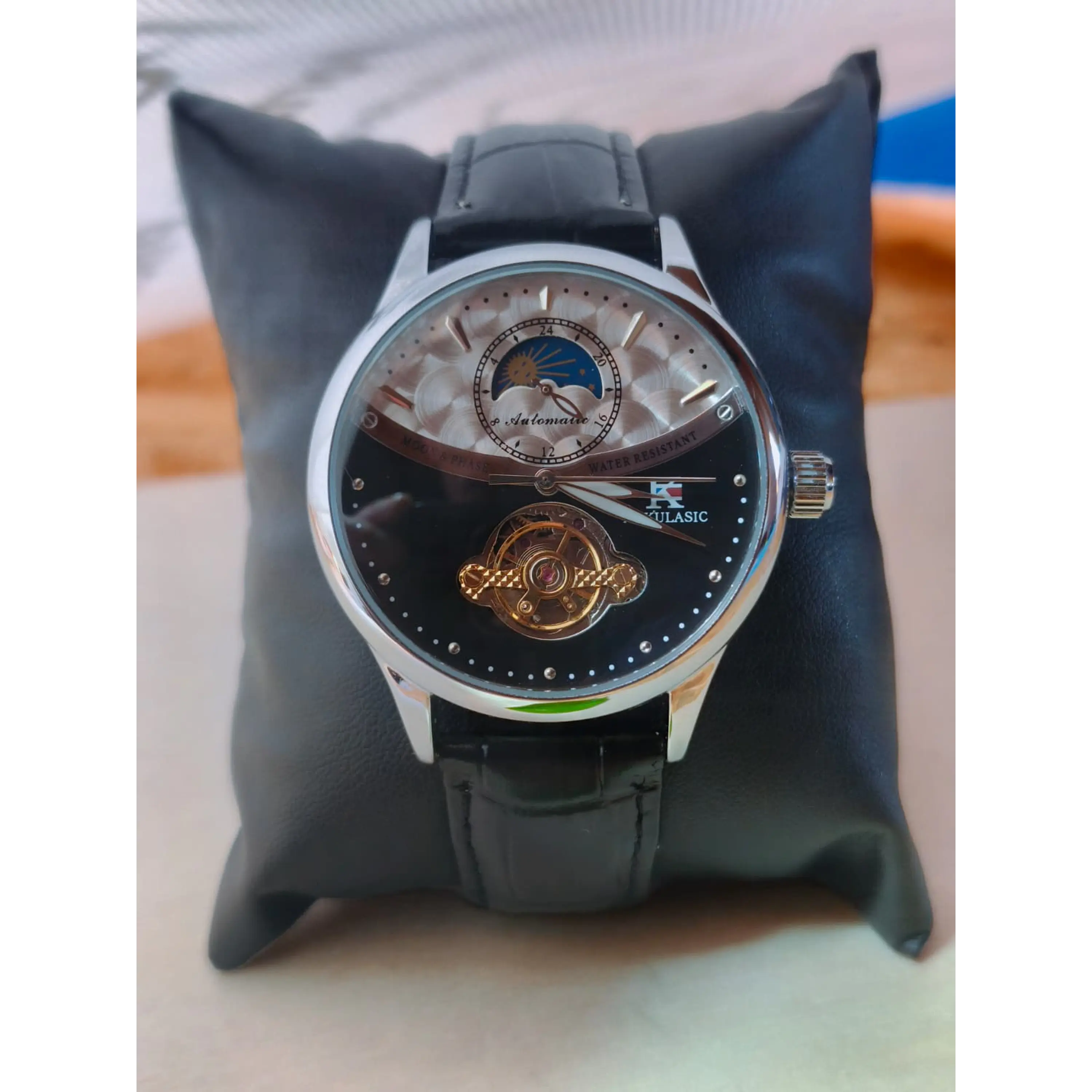 Relógio Automático AOKULASIC Masculino – Design Tourbillon/Open Heart com Fase da Lua e Bracelete em Pele 1