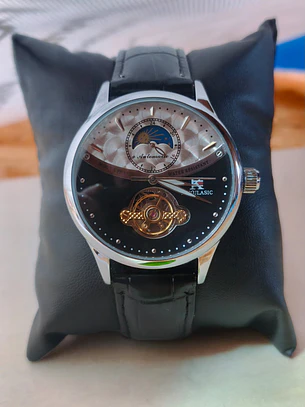Relógio Automático AOKULASIC Masculino – Design Tourbillon/Open Heart com Fase da Lua e Bracelete em Pele