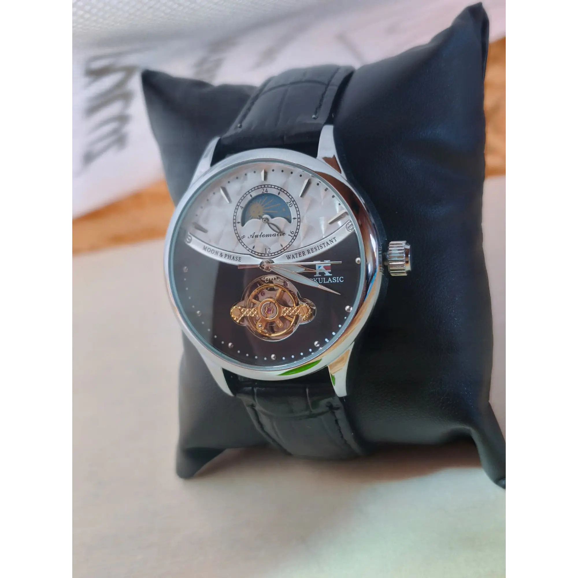 Relógio Automático AOKULASIC Masculino – Design Tourbillon/Open Heart com Fase da Lua e Bracelete em Pele 3