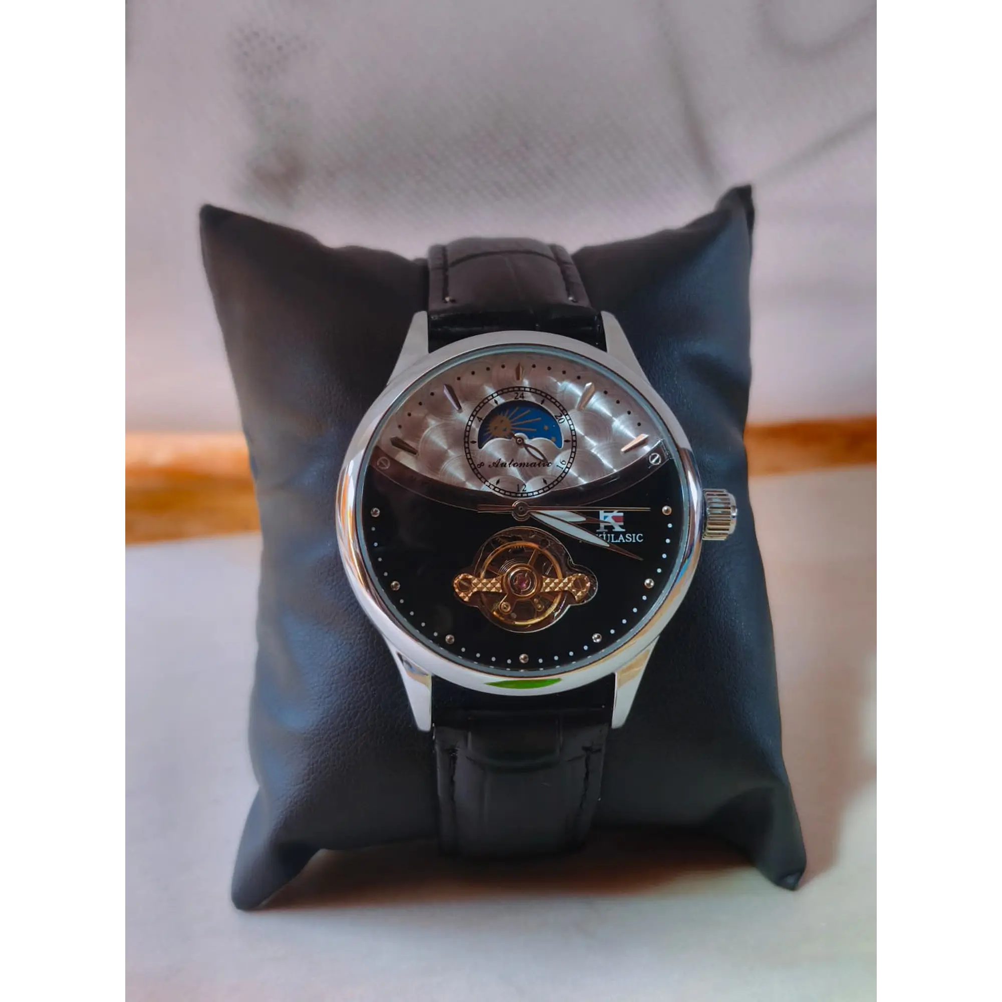 Relógio Automático AOKULASIC Masculino – Design Tourbillon/Open Heart com Fase da Lua e Bracelete em Pele 4