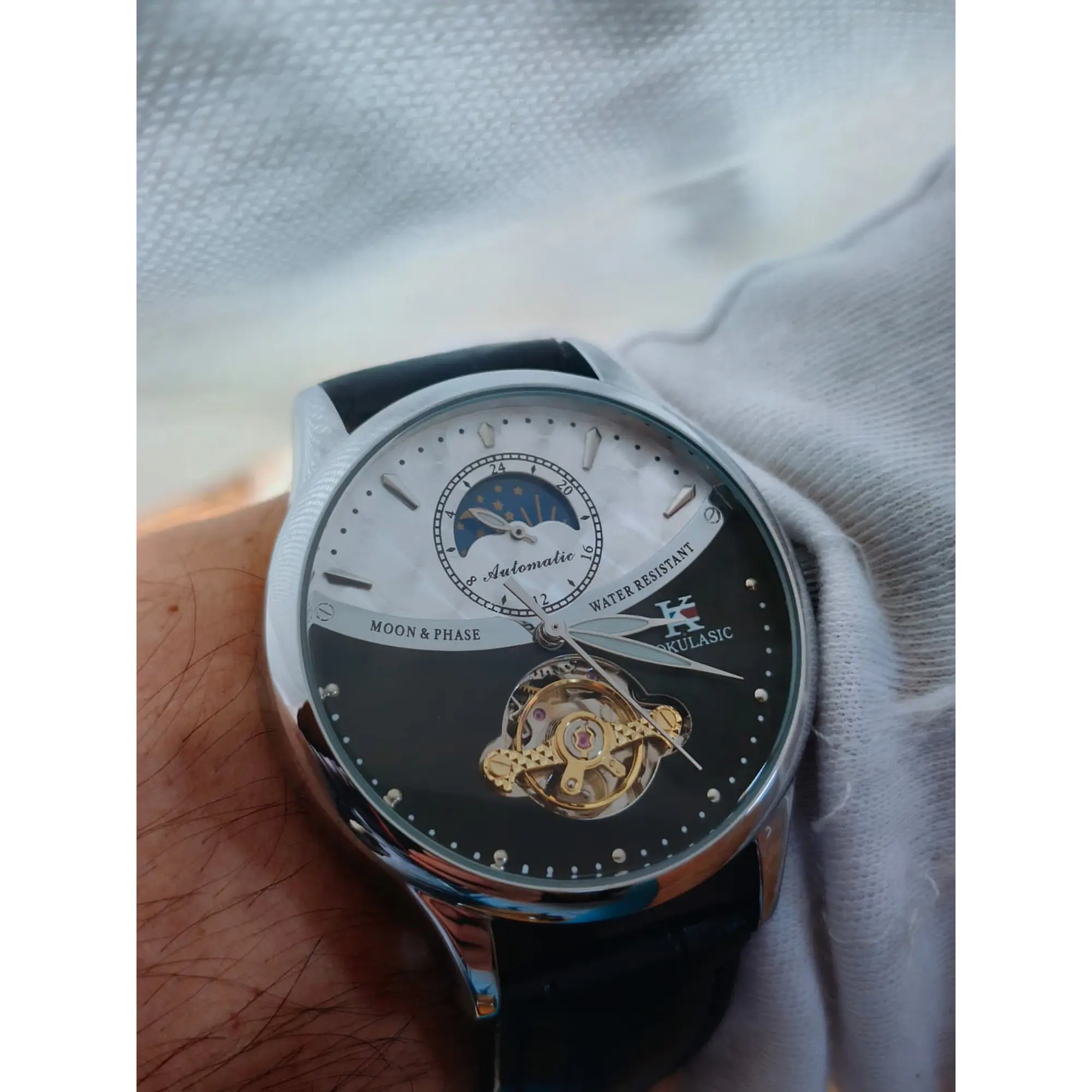 Relógio Automático AOKULASIC Masculino – Design Tourbillon/Open Heart com Fase da Lua e Bracelete em Pele 12