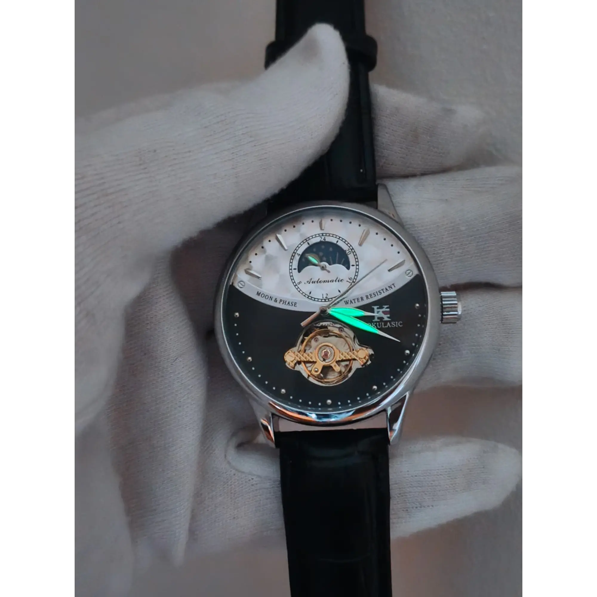 Relógio Automático AOKULASIC Masculino – Design Tourbillon/Open Heart com Fase da Lua e Bracelete em Pele 14