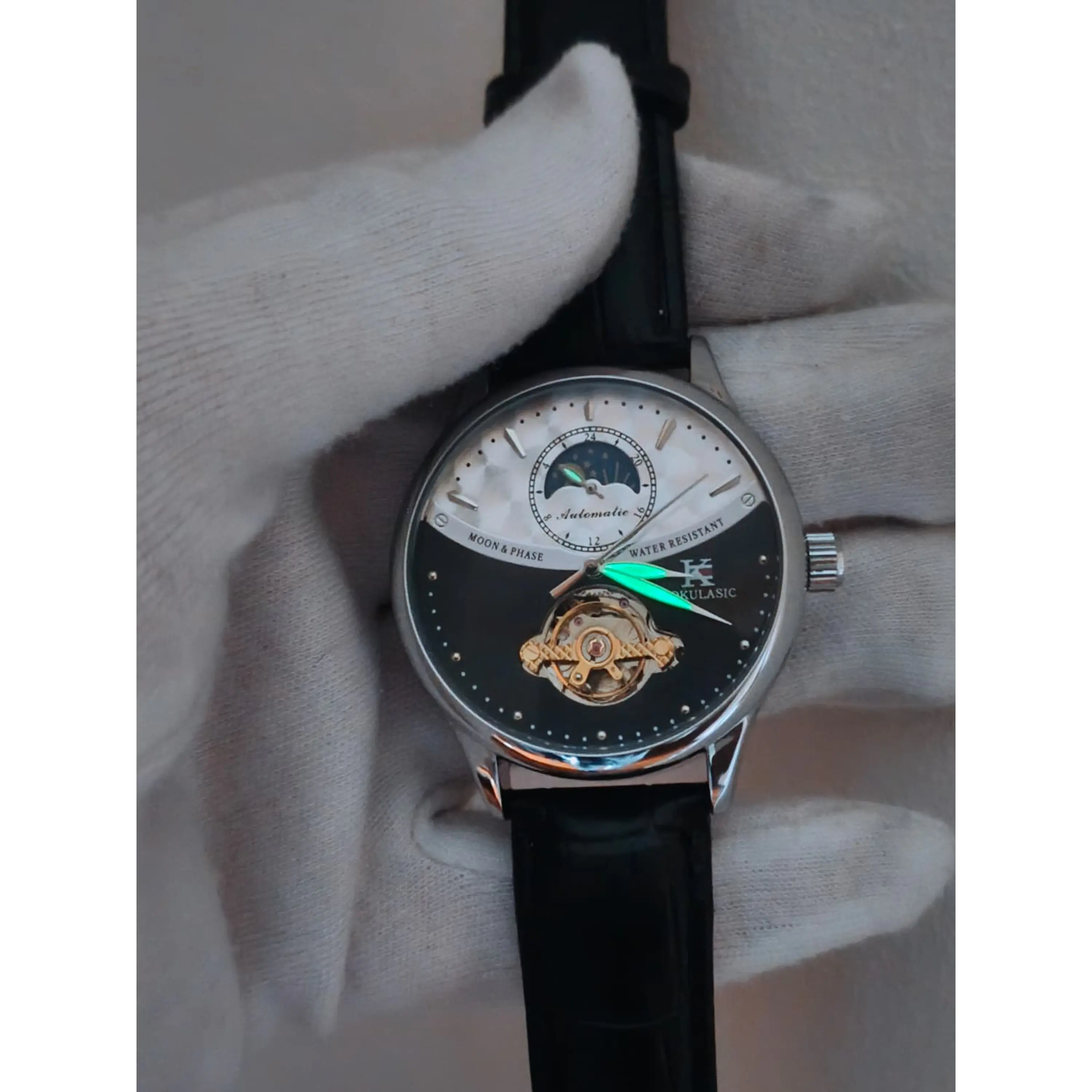 Relógio Automático AOKULASIC Masculino – Design Tourbillon/Open Heart com Fase da Lua e Bracelete em Pele 14