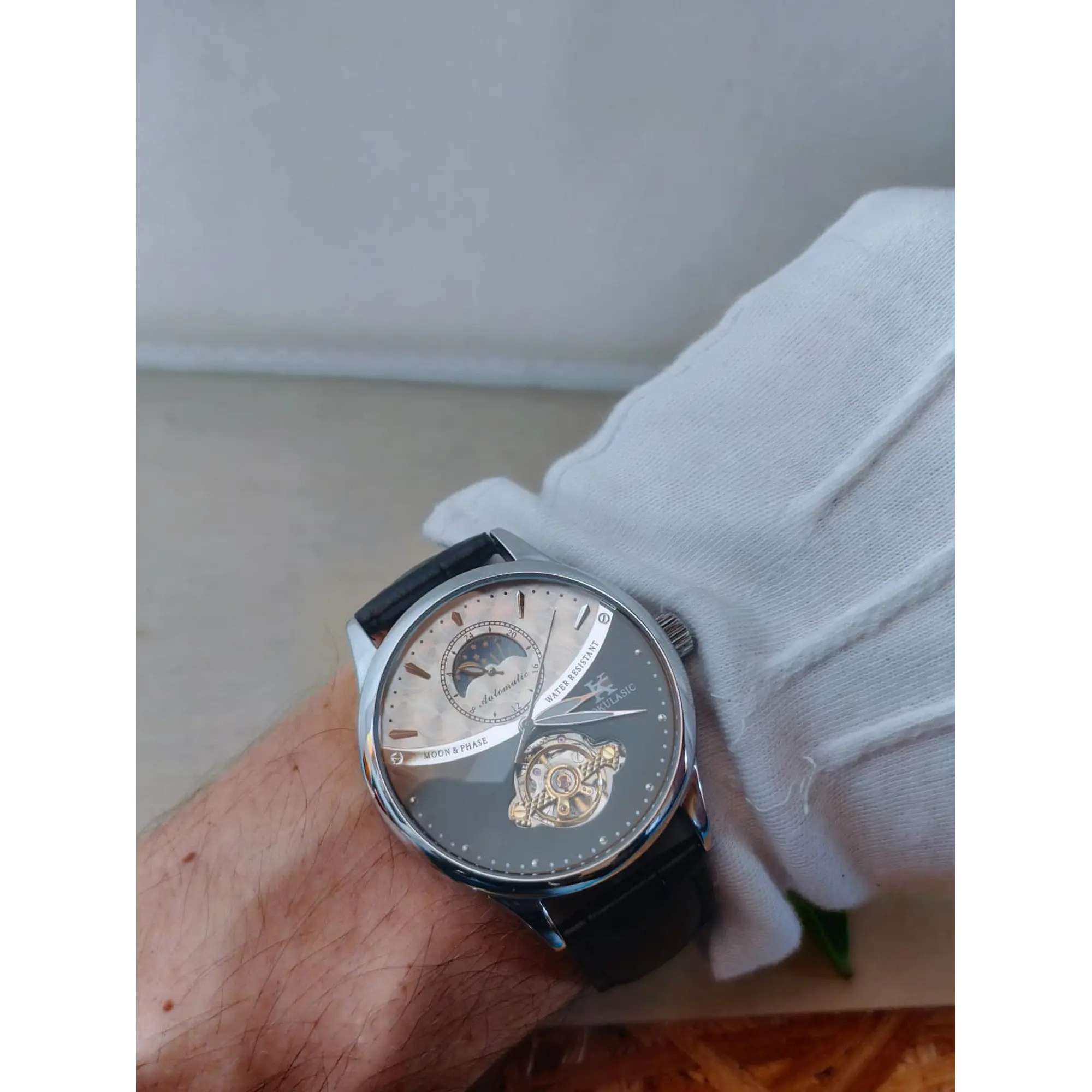 Relógio Automático AOKULASIC Masculino – Design Tourbillon/Open Heart com Fase da Lua e Bracelete em Pele 13