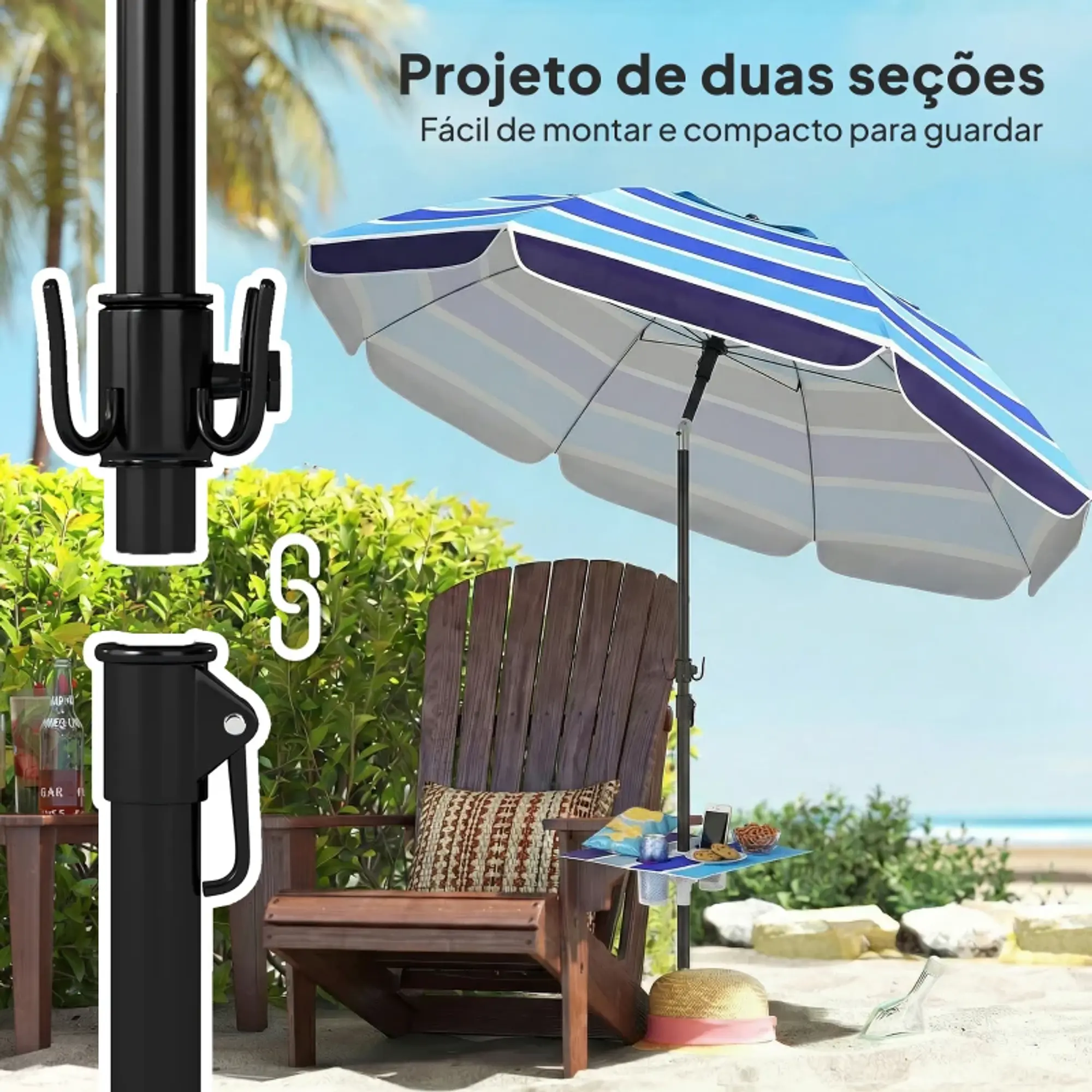 Chapéu de Sol com Mesa Dobrável e Porta-Copos Ø198 cm Altura UV30+ 6