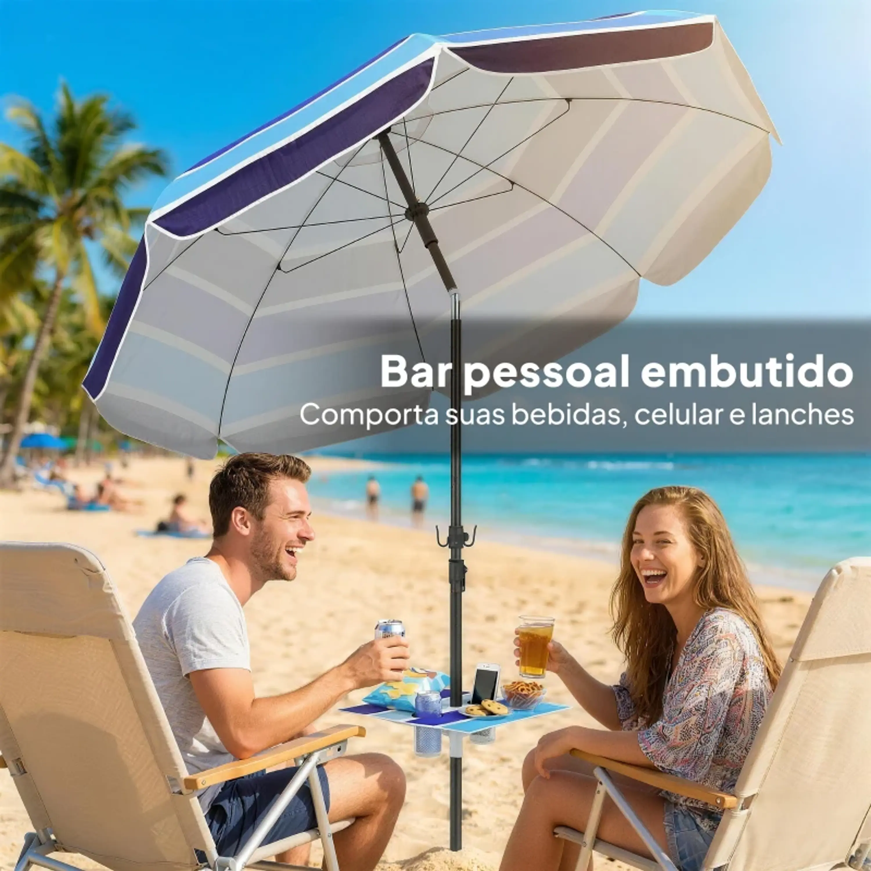 Chapéu de Sol com Mesa Dobrável e Porta-Copos Ø198 cm Altura UV30+ 5