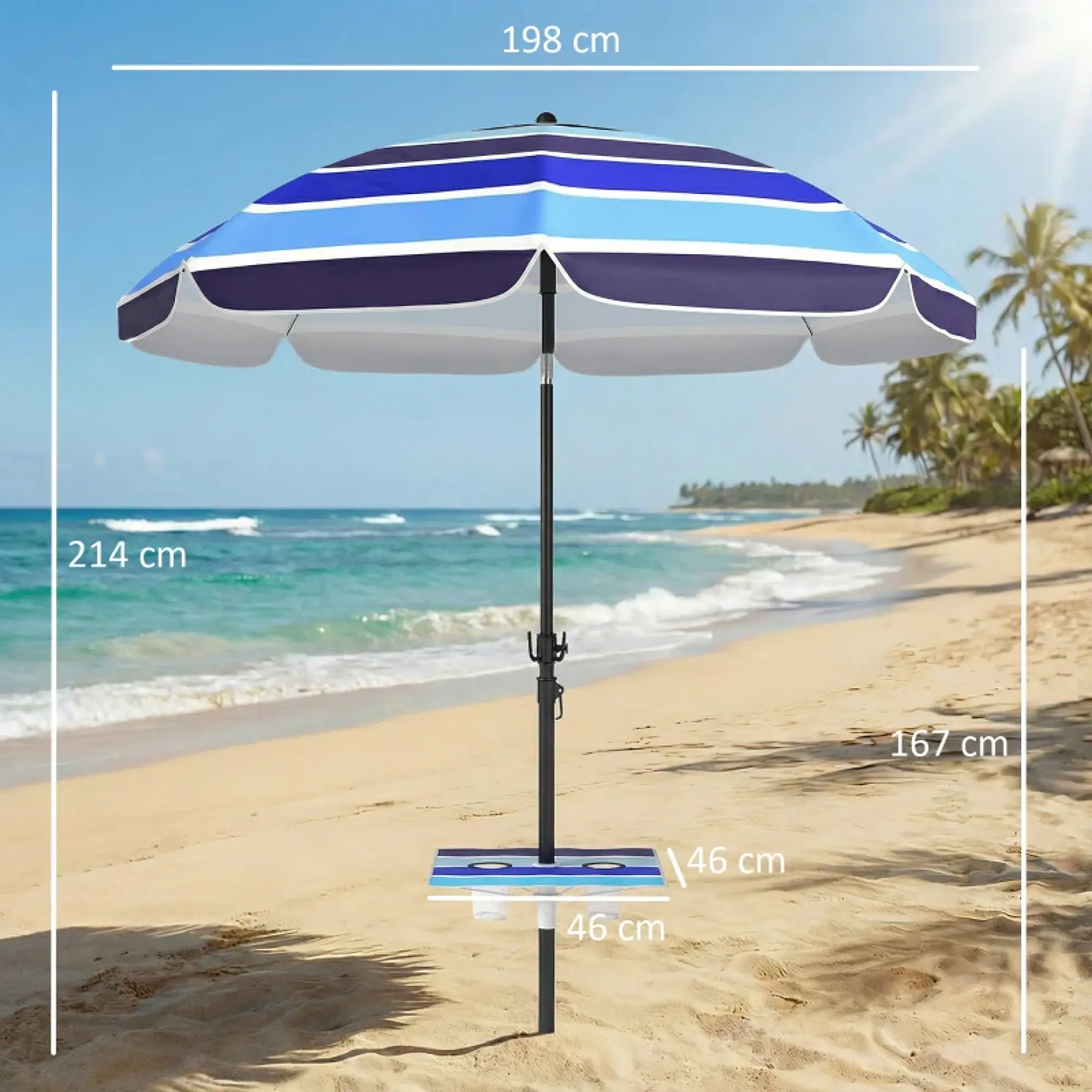 Chapéu de Sol com Mesa Dobrável e Porta-Copos Ø198 cm Altura UV30+ 3