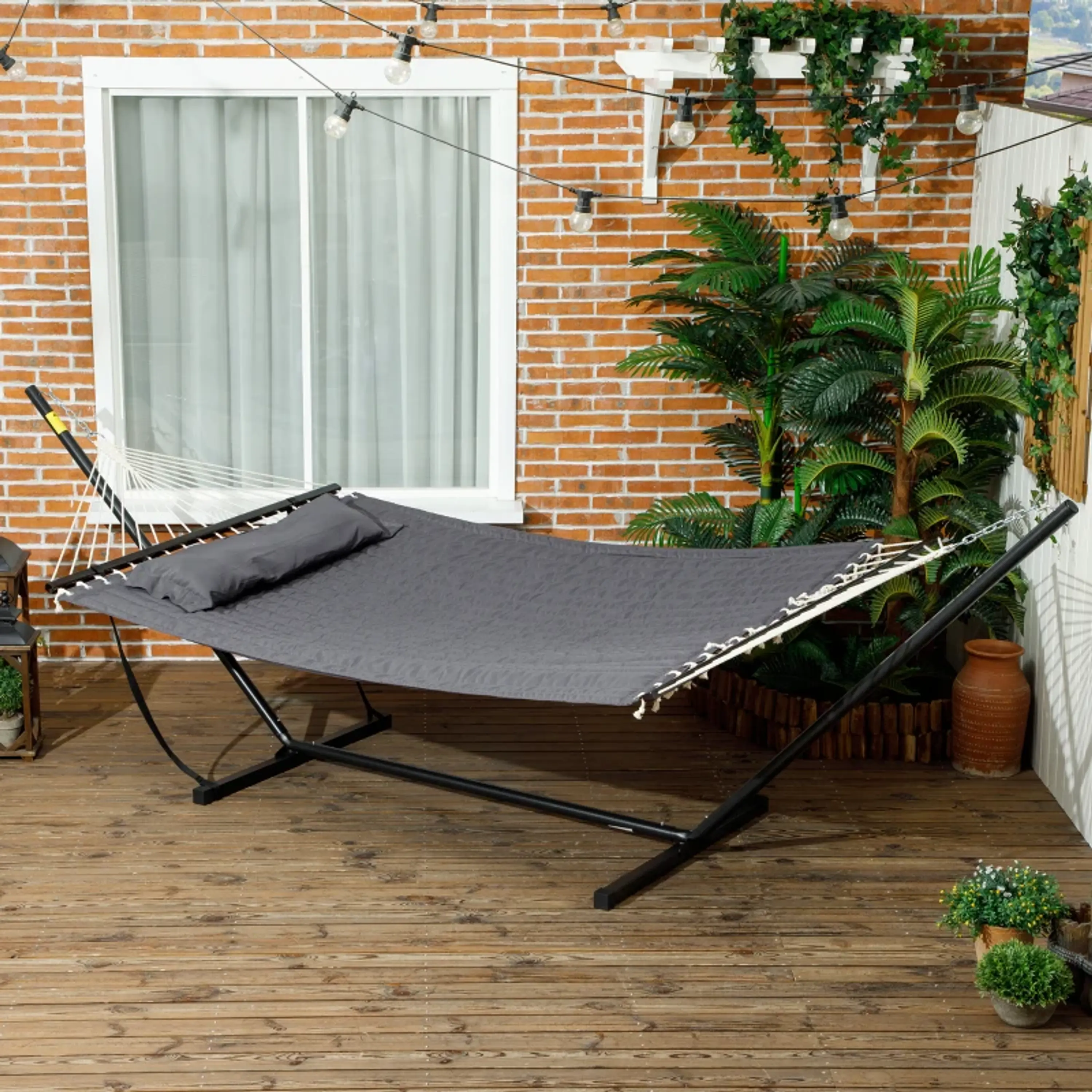 Hamac com Suporte de Aço e Almofada 368x140x110 cm Cinza Escuro 2