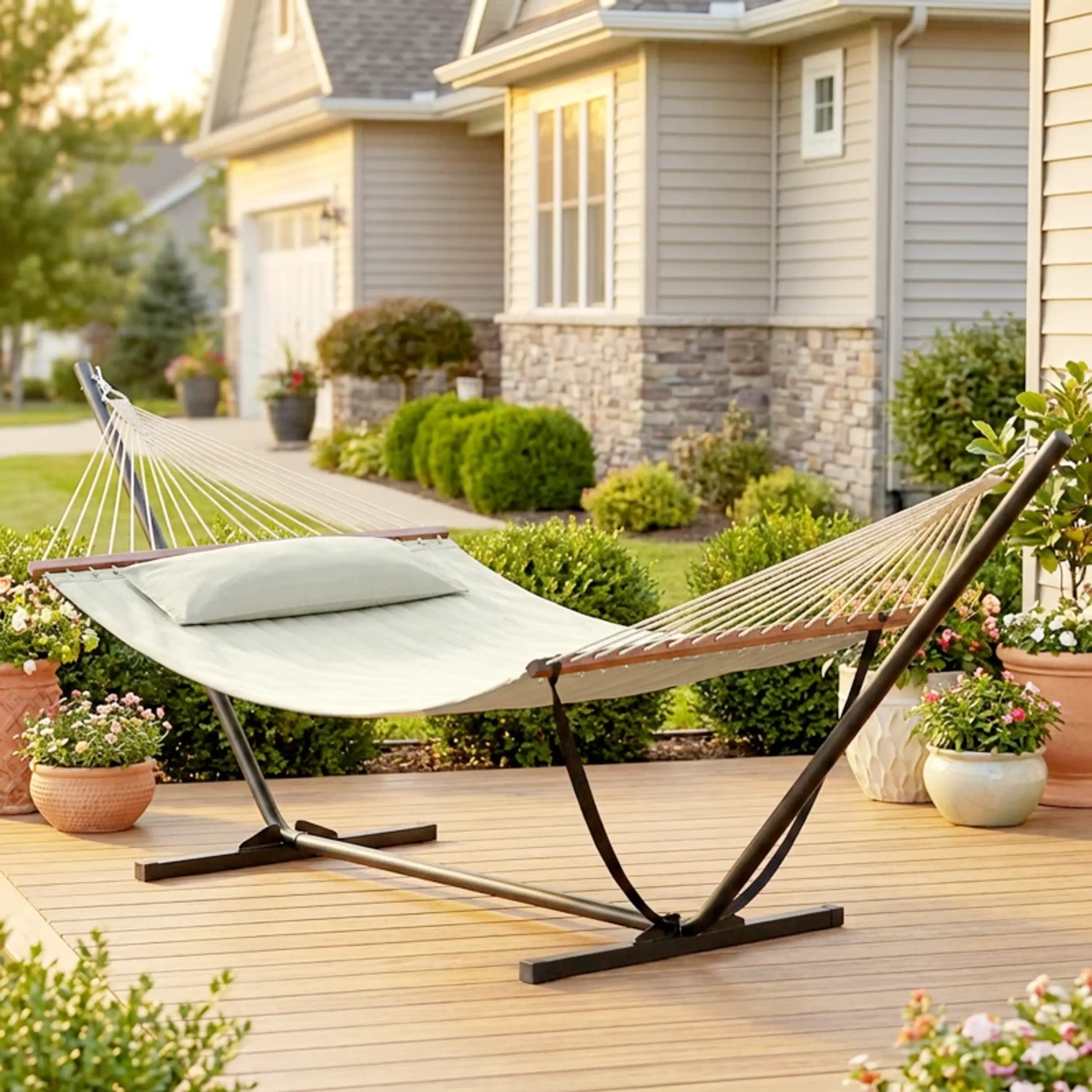 Hamac com Suporte de Aço e Almofada 368x140x110 cm Cinza Escuro 5