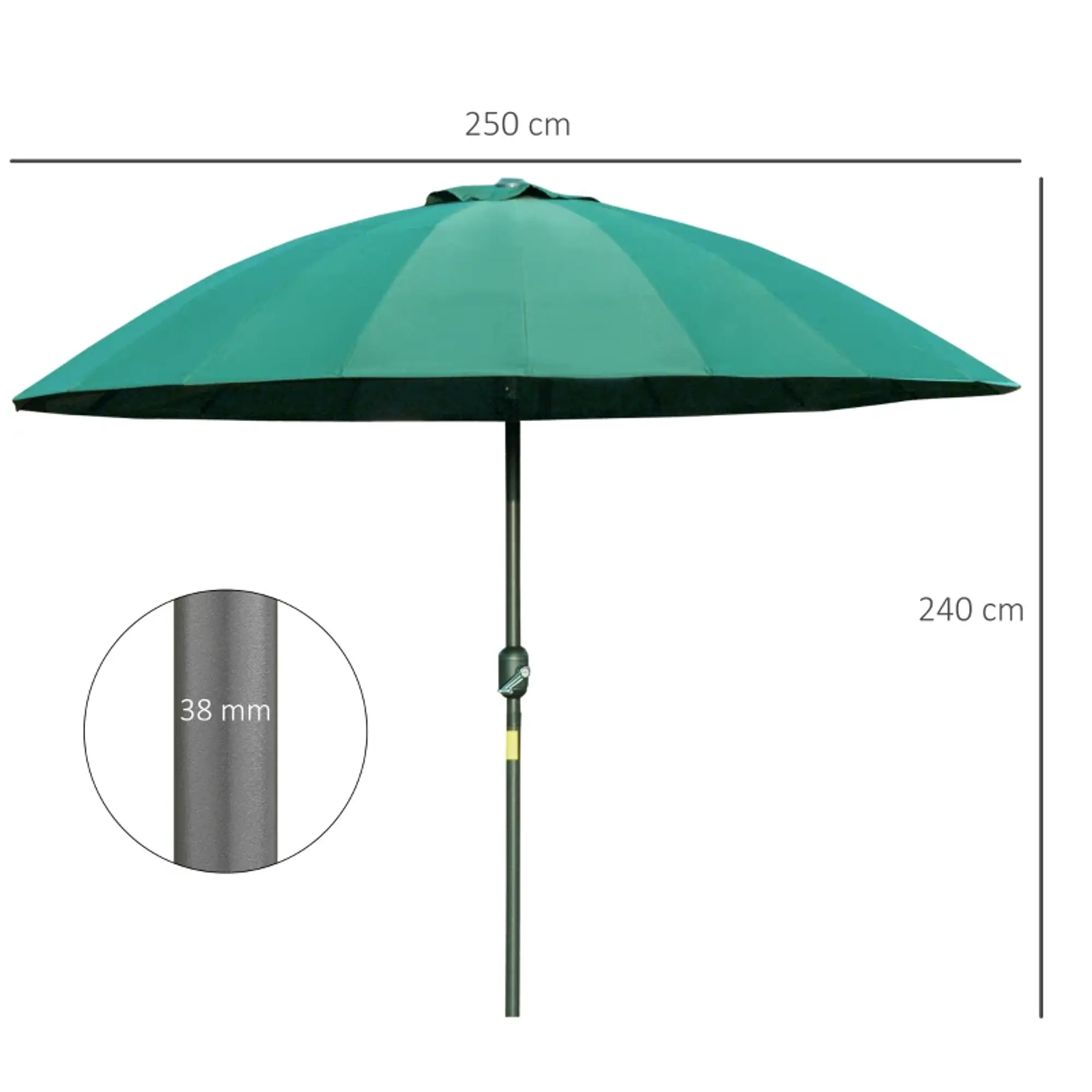 Chapéu de Sol de Jardim Ø2,5x2,4 m com Manivela Manual Mastro Flexível Impermeável 3