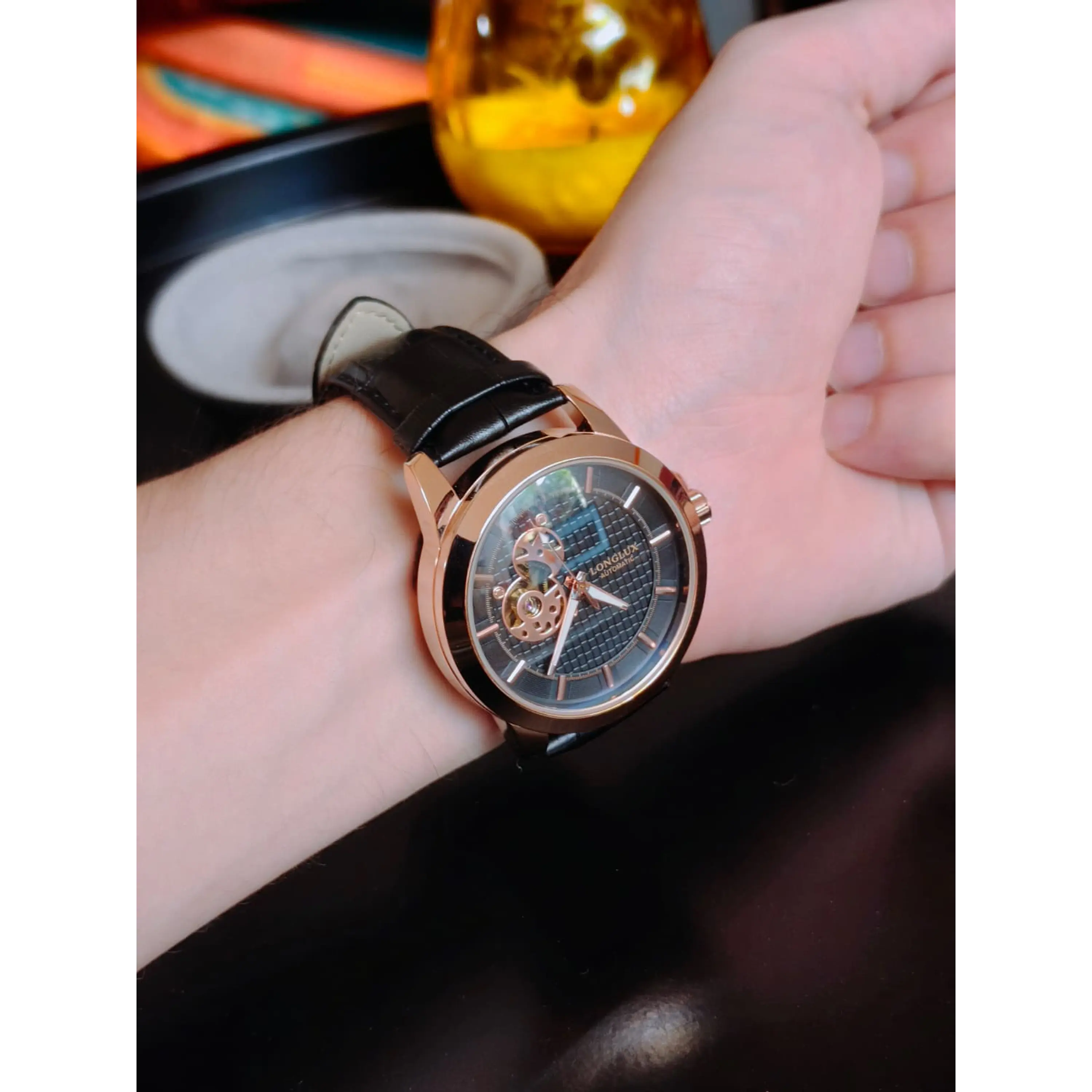 Relógio Automático Skelleton Black Gold Longlux 8