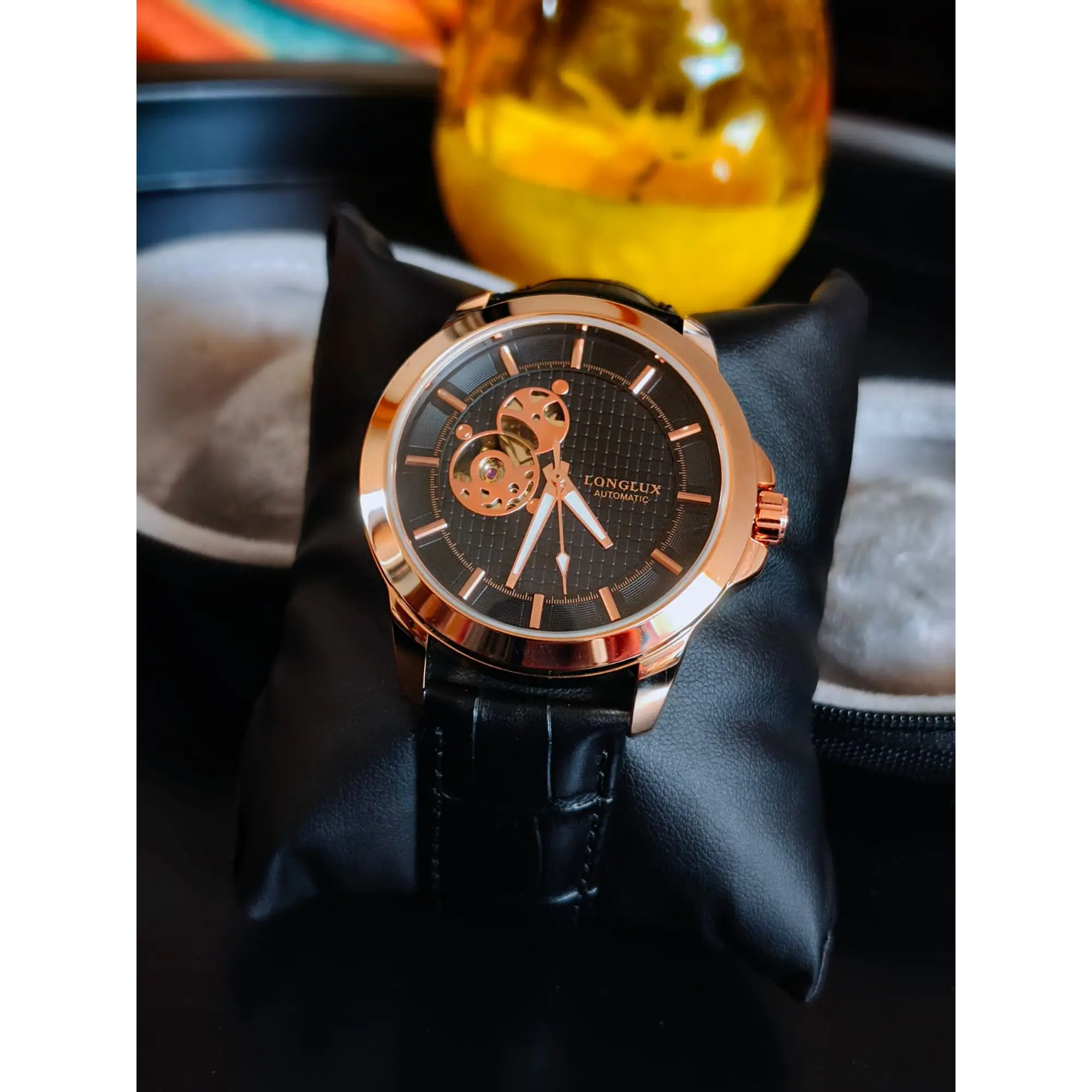 Relógio Automático Skelleton Black Gold Longlux 1