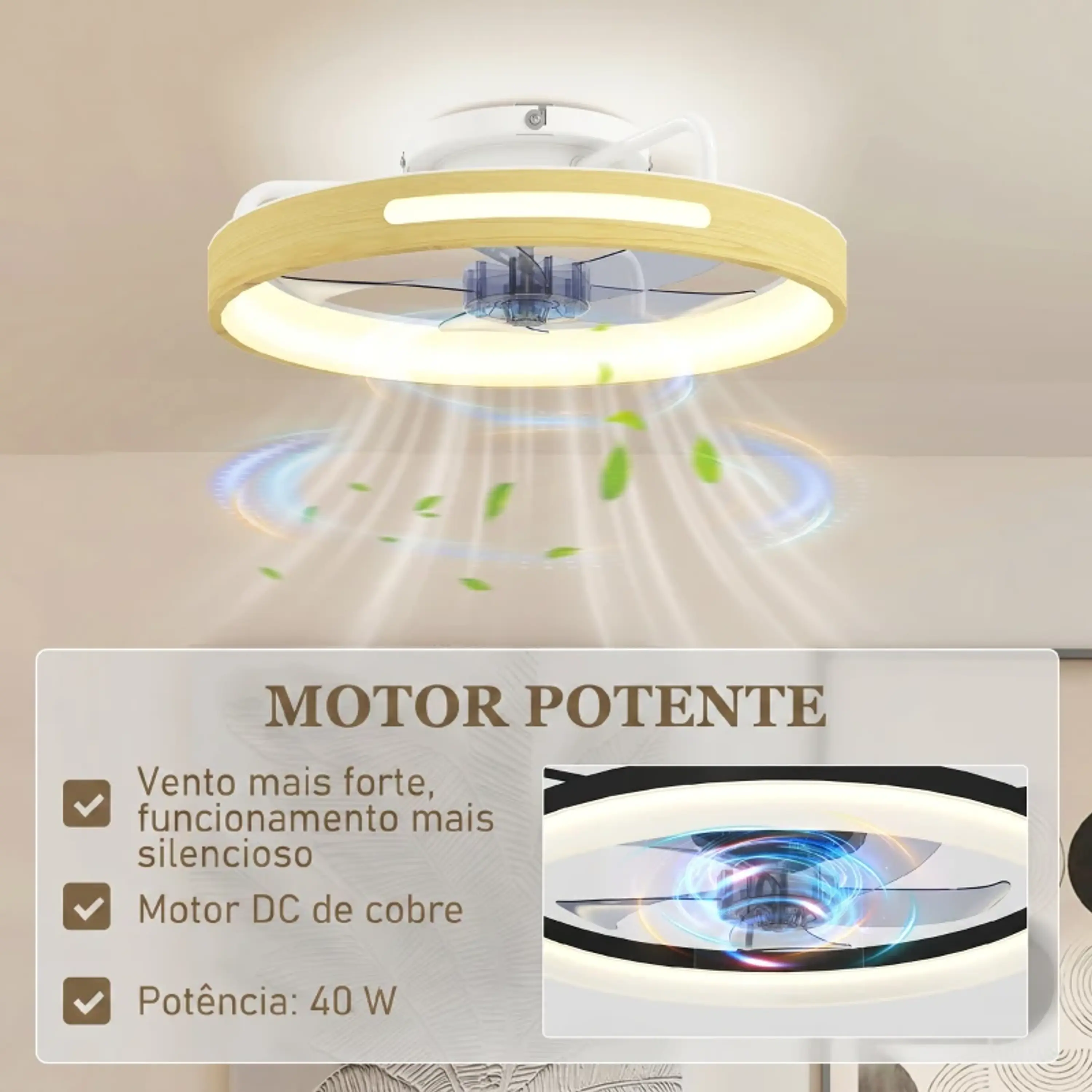Ventilador de Teto com Luz LED 40 W Motor DC Reversível 6