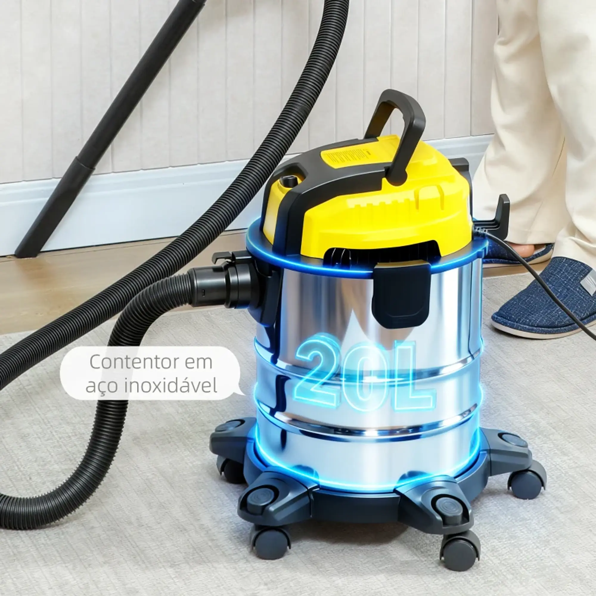 Aspirador Seco e Húmido 3 em 1 1200W com Função de Soprador Mangueira 2 m Depósito 20L Triplo Filtro 48x48x48,5 cm  2