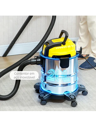 Aspirador Seco e Húmido 3 em 1 1200W com Função de Soprador Mangueira 2 m Depósito 20L Triplo Filtro 48x48x48,5 cm 
