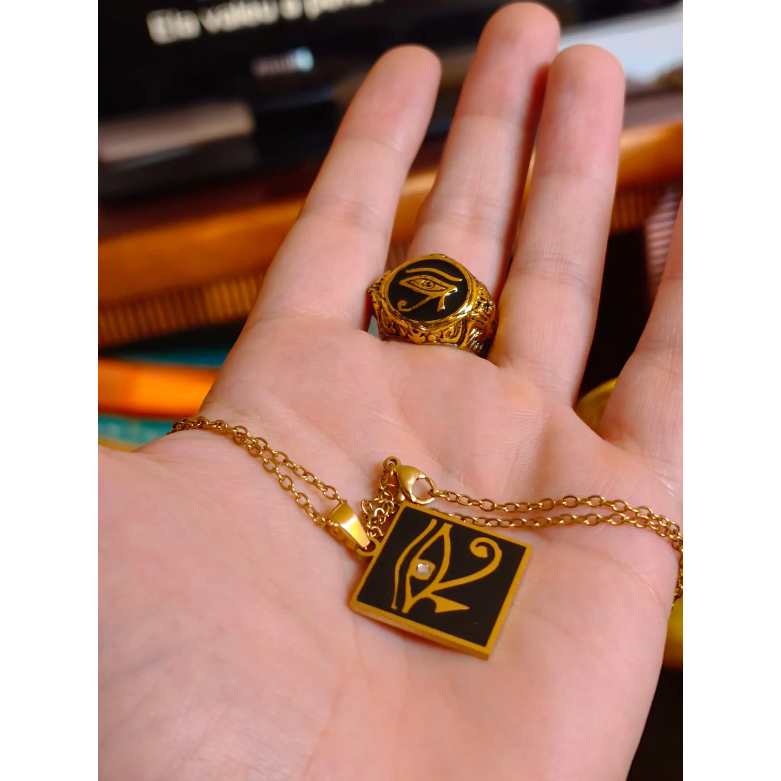 Eye of Horus Set: Necklace with Square Pendant + Mystic Gold Ring 3