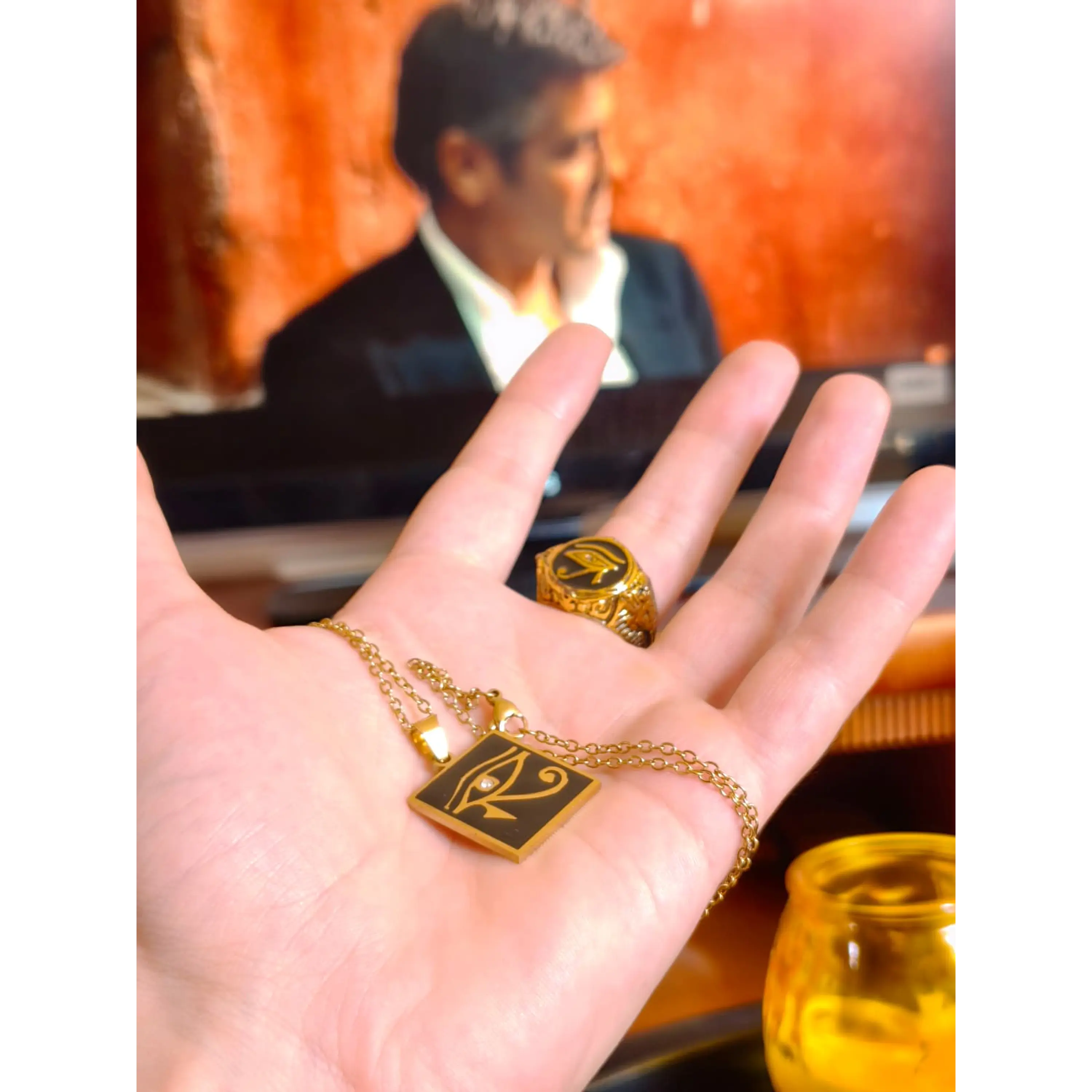 Eye of Horus Set: Necklace with Square Pendant + Mystic Gold Ring 4